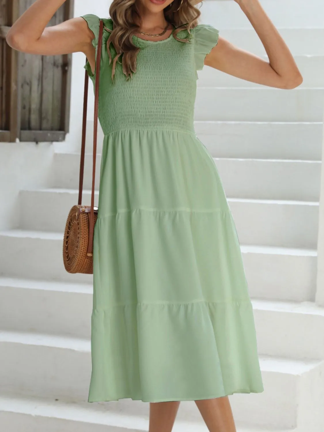 Ruffled Round Neck Cap Sleeve Dress - Image 6