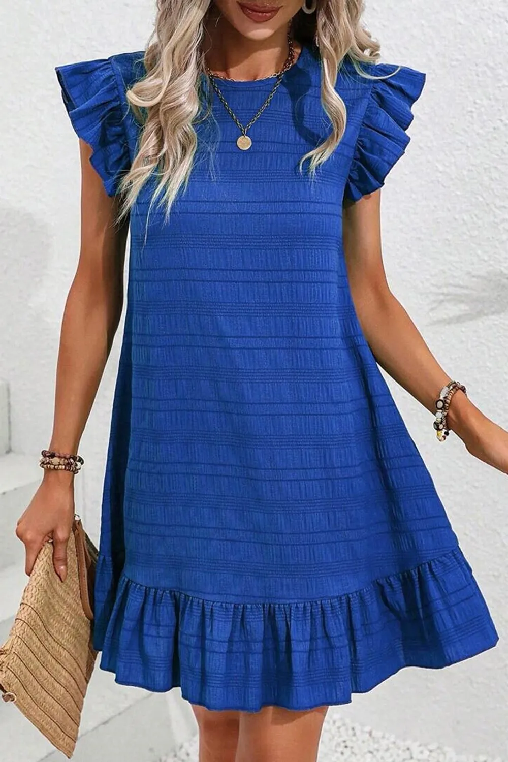 Ruffled Round Neck Cap Sleeve Dress - Image 6