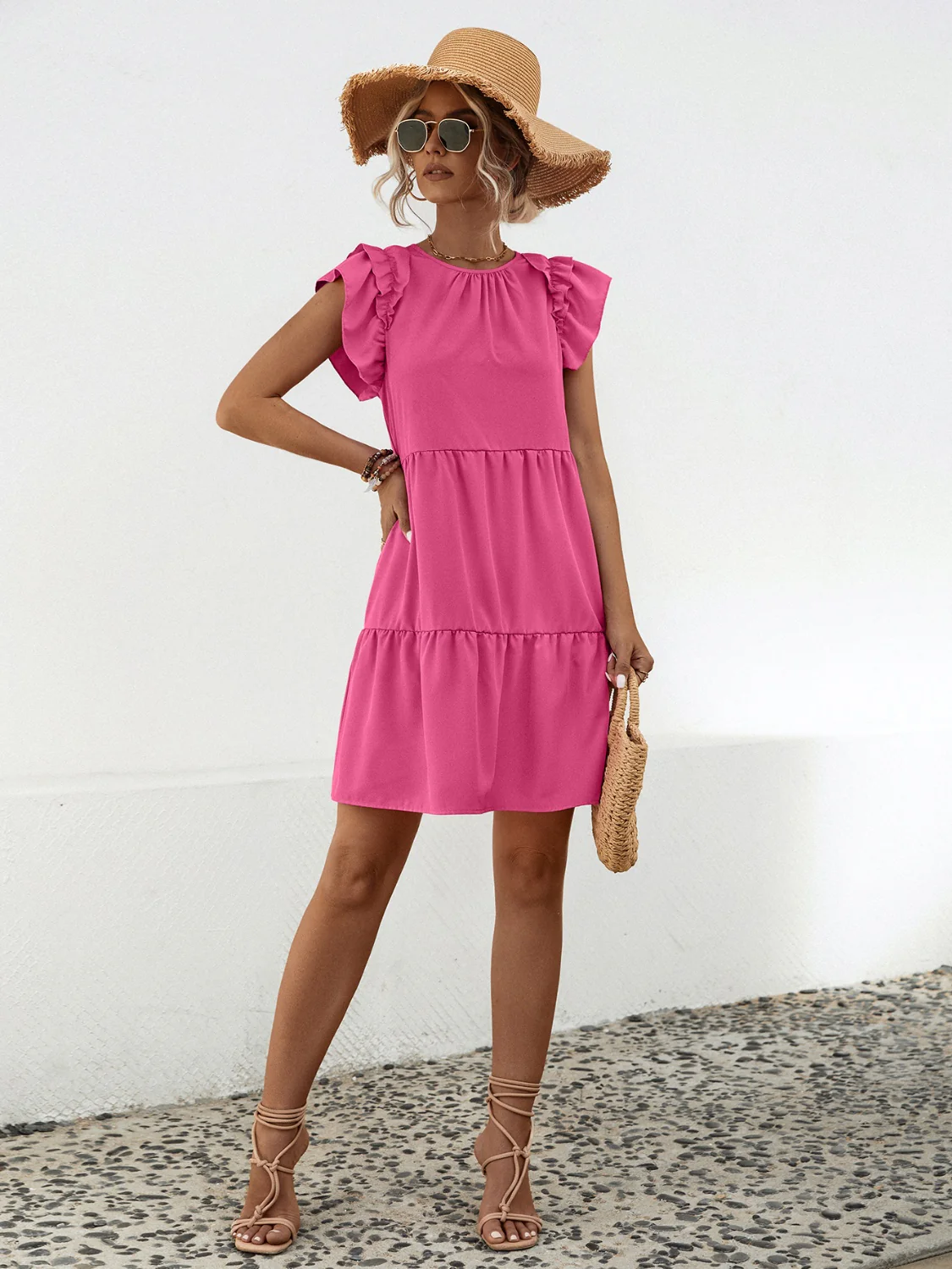 Ruffled Round Neck Cap Sleeve Mini Dress - Image 11
