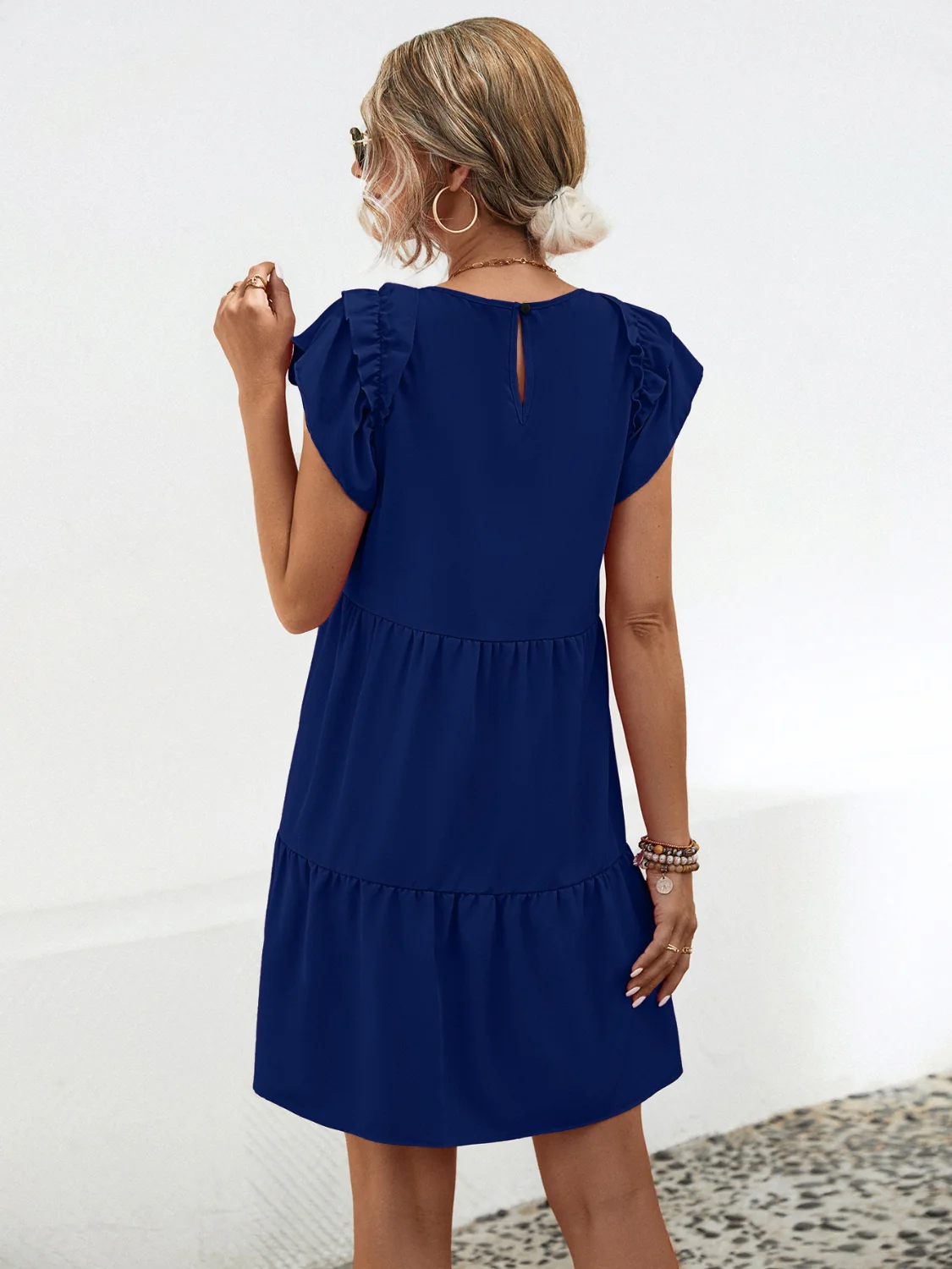 Ruffled Round Neck Cap Sleeve Mini Dress - Image 2