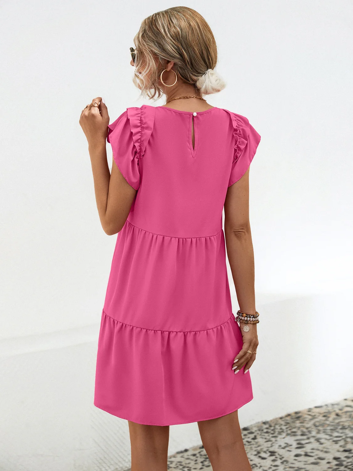 Ruffled Round Neck Cap Sleeve Mini Dress - Image 8
