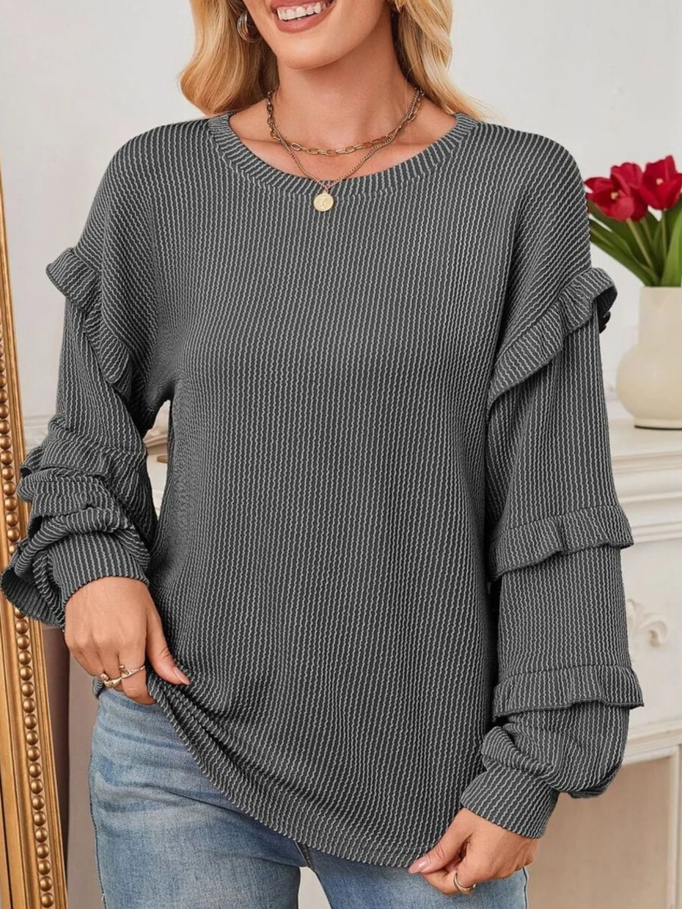 Ruffled Round Neck Long Sleeve Sweatshirt - Image 4