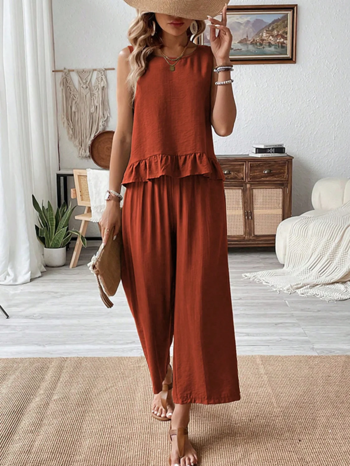 Ruffled Round Neck Top and Wide Leg Pants Set - Image 3