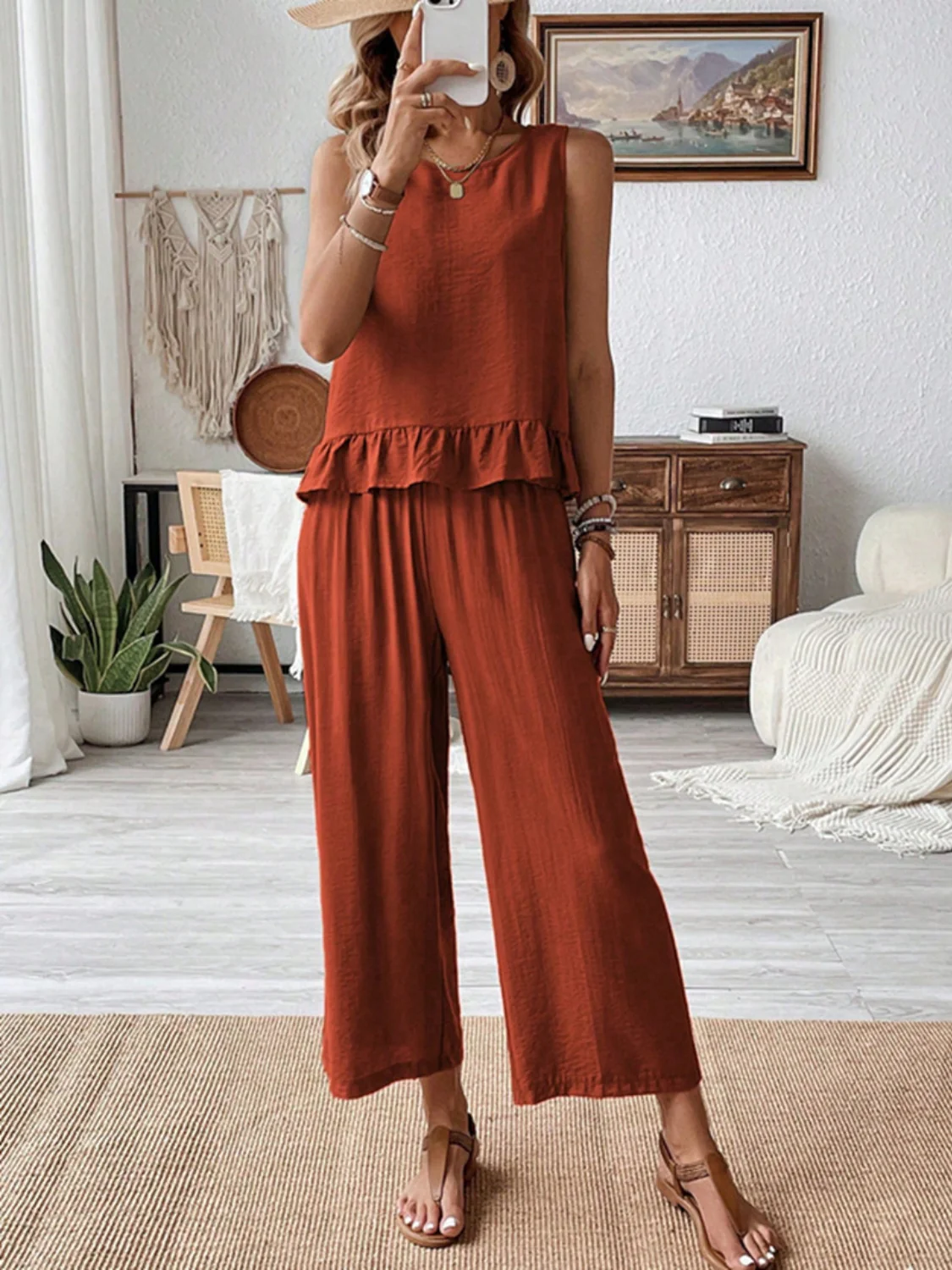 Ruffled Round Neck Top and Wide Leg Pants Set - Image 4