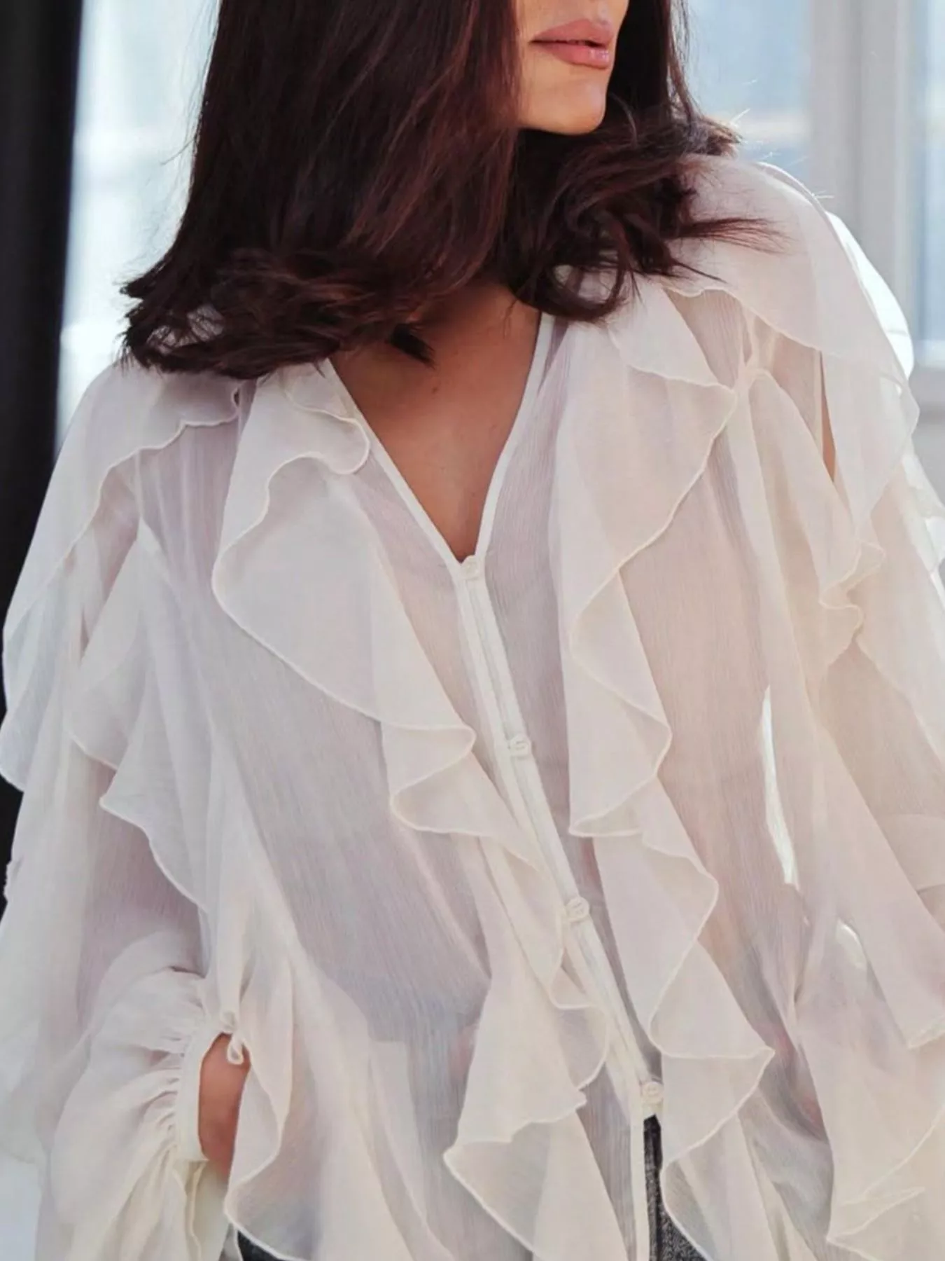 Ruffled Sheer Long Sleeve Blouse - Image 10