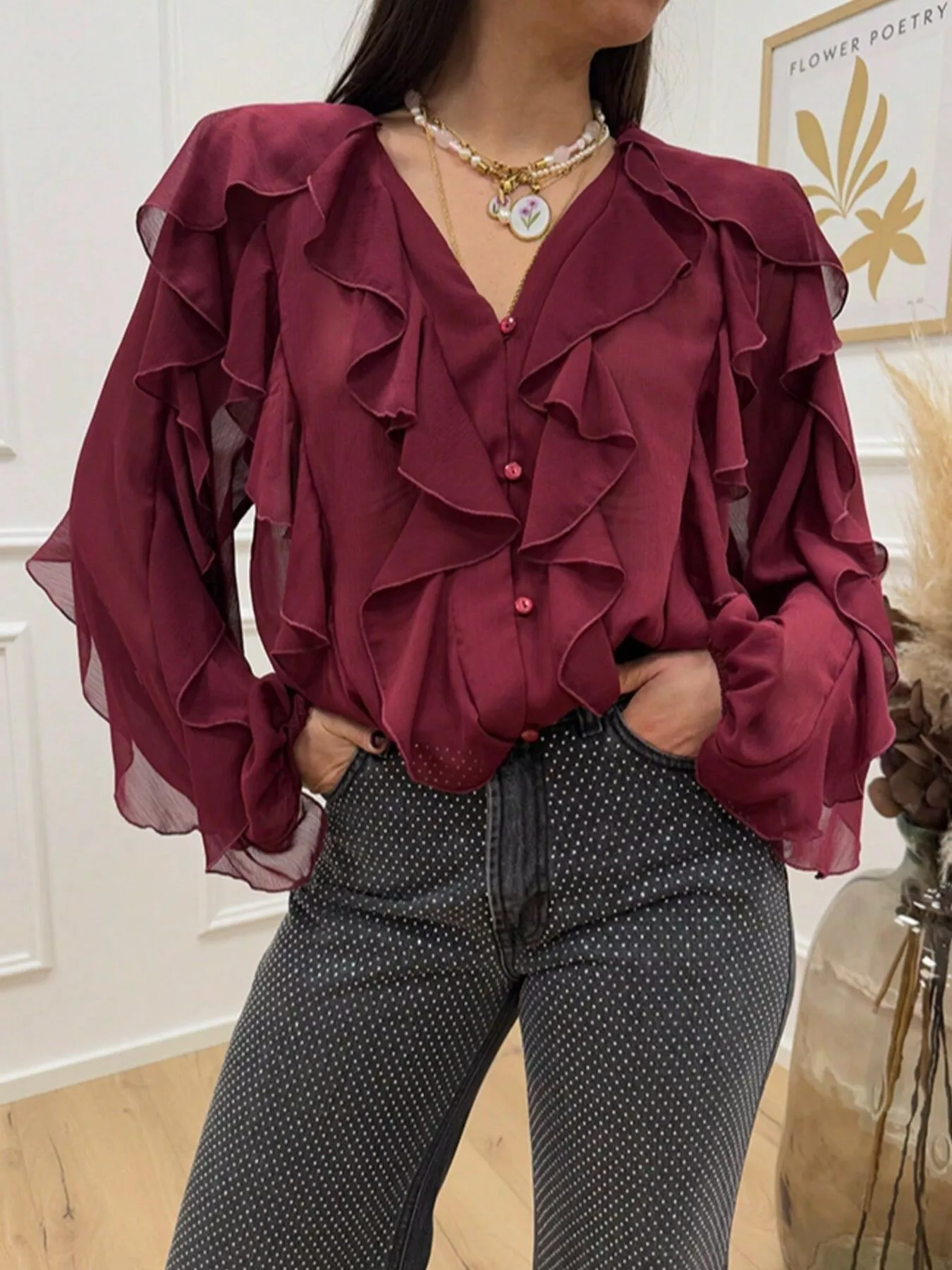 Ruffled Sheer Long Sleeve Blouse - Image 26