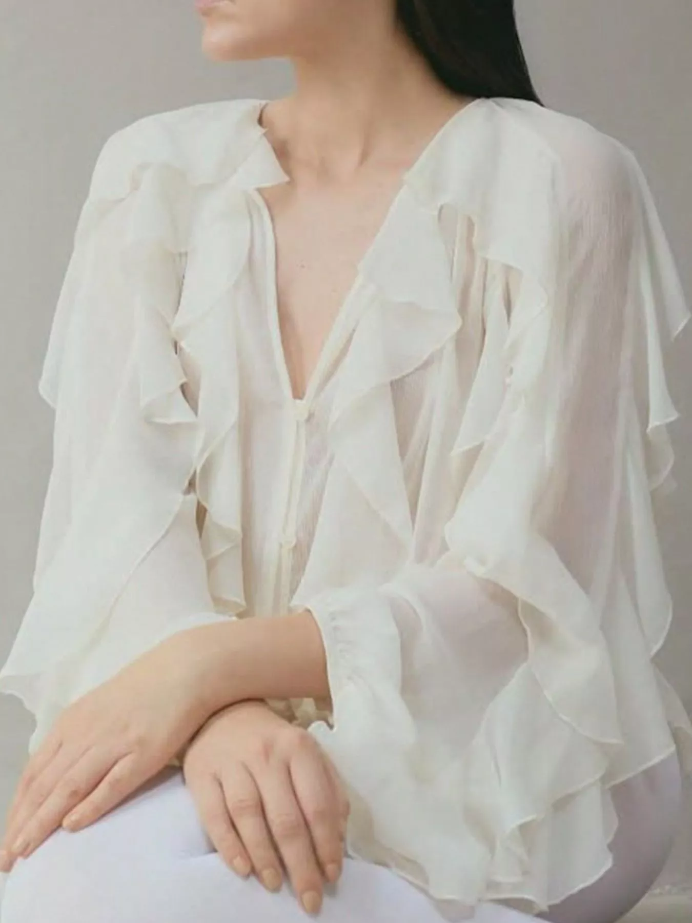Ruffled Sheer Long Sleeve Blouse - Image 9