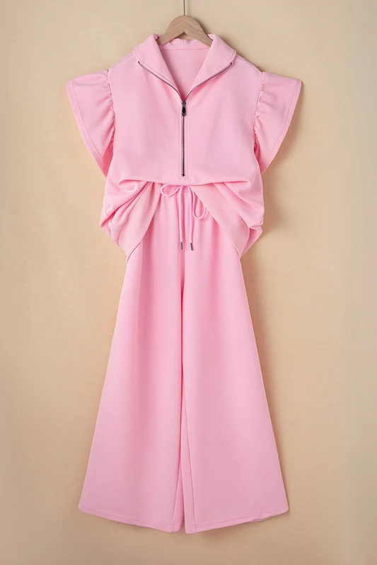 Ruffled Sleeve Zipped Top and Wide Leg Pants Set - Image 6