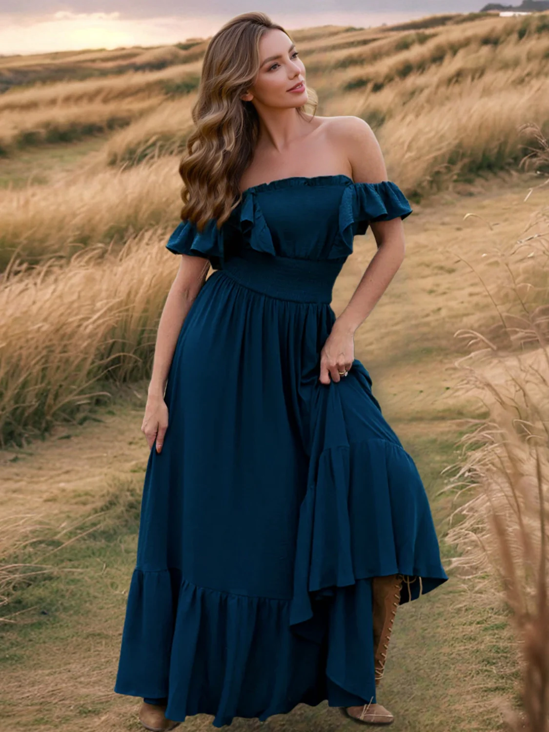 Ruffled Smocked Square Neck Maxi Dress - Image 14
