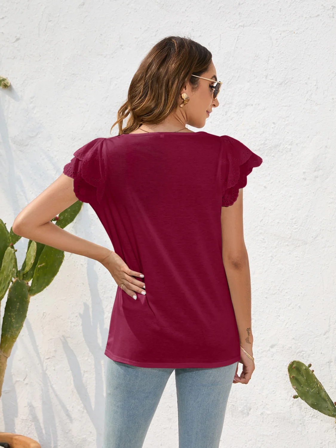 Ruffled Square Neck Cap Sleeve Blouse - Image 8