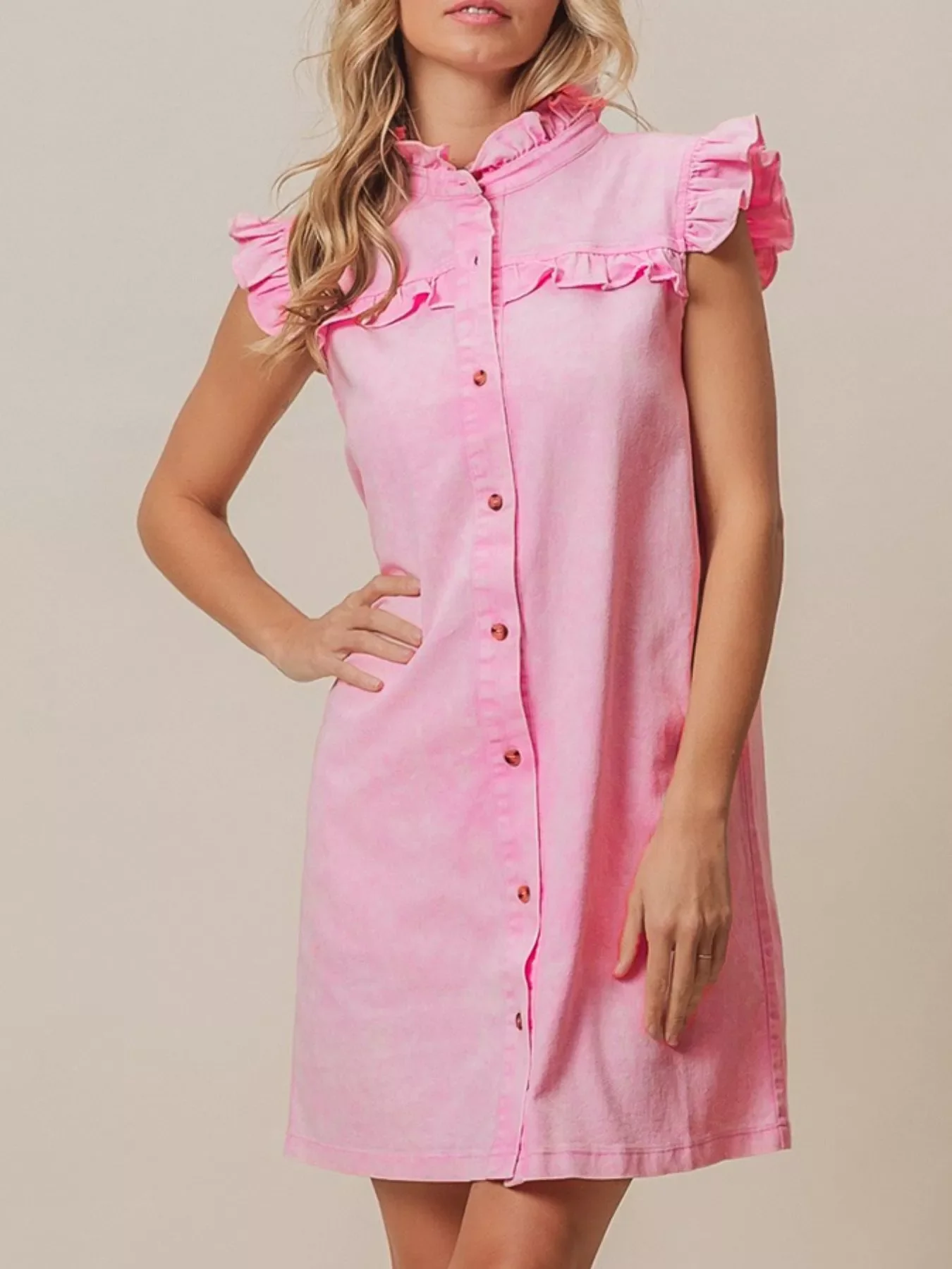 Ruffled Trim Button-Down Denim Dress - Image 5
