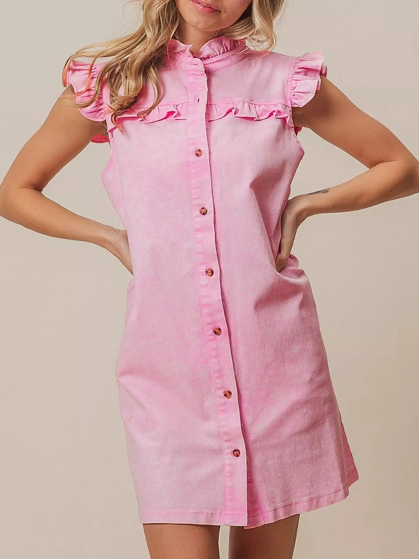 Ruffled Trim Button-Down Denim Dress - Image 6