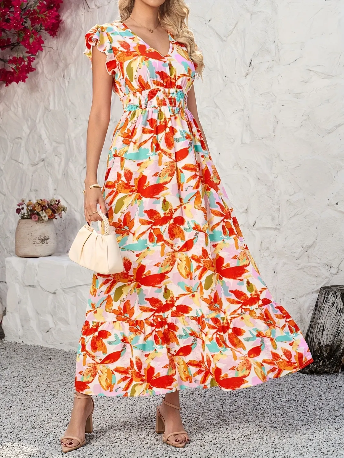 Ruffled V-Neck Cap Sleeve Dress