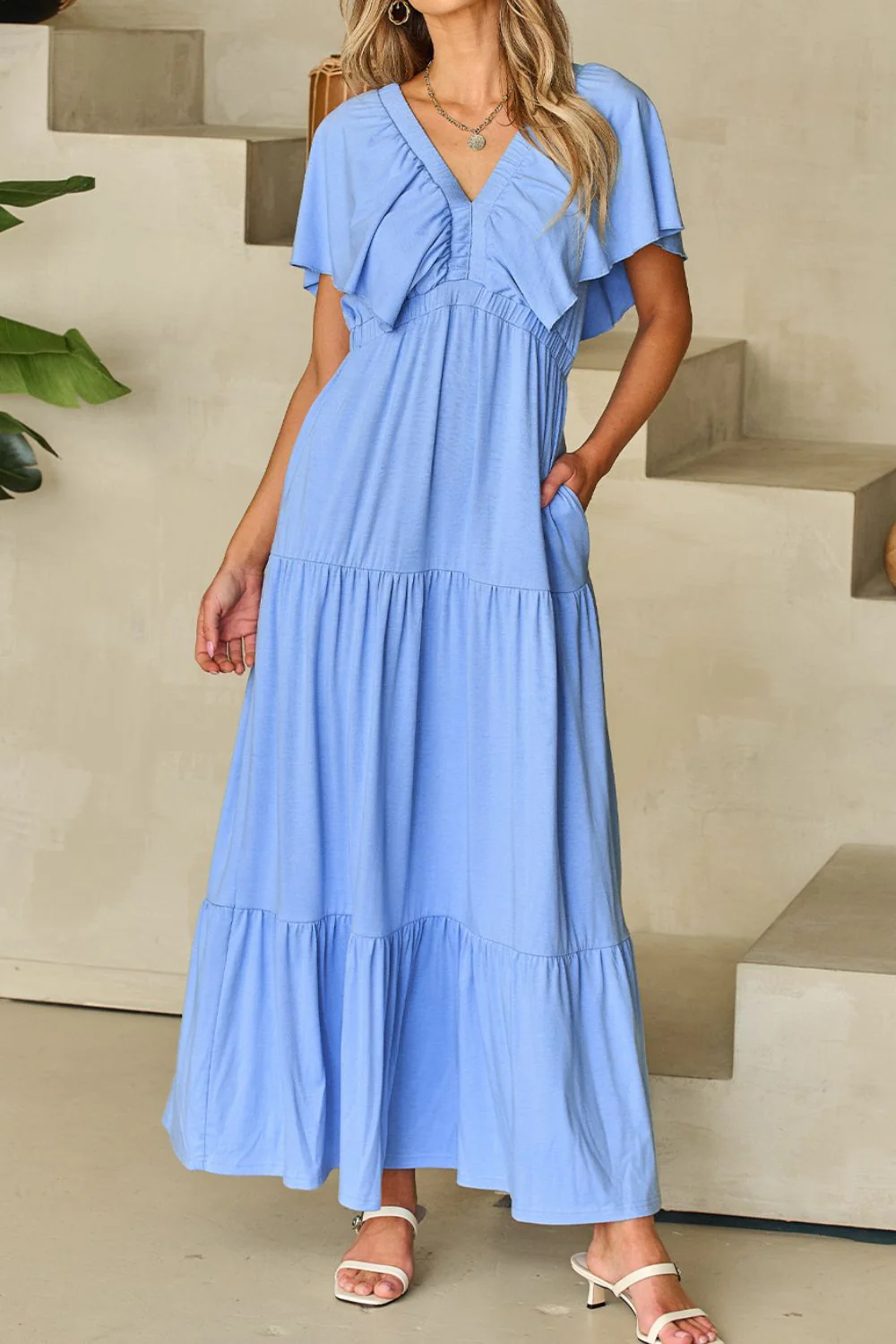 Ruffled V Neck Flutter Sleeve Maxi Dress - Image 3