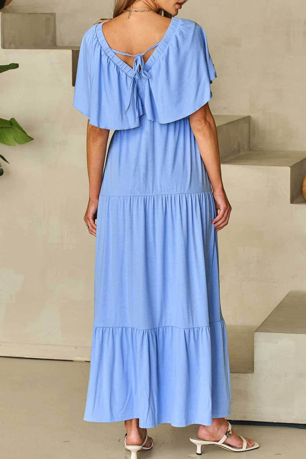 Ruffled V Neck Flutter Sleeve Maxi Dress - Image 4