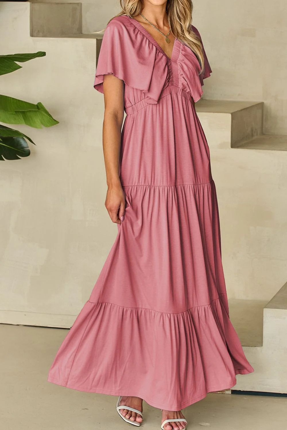 Ruffled V Neck Flutter Sleeve Maxi Dress - Image 6