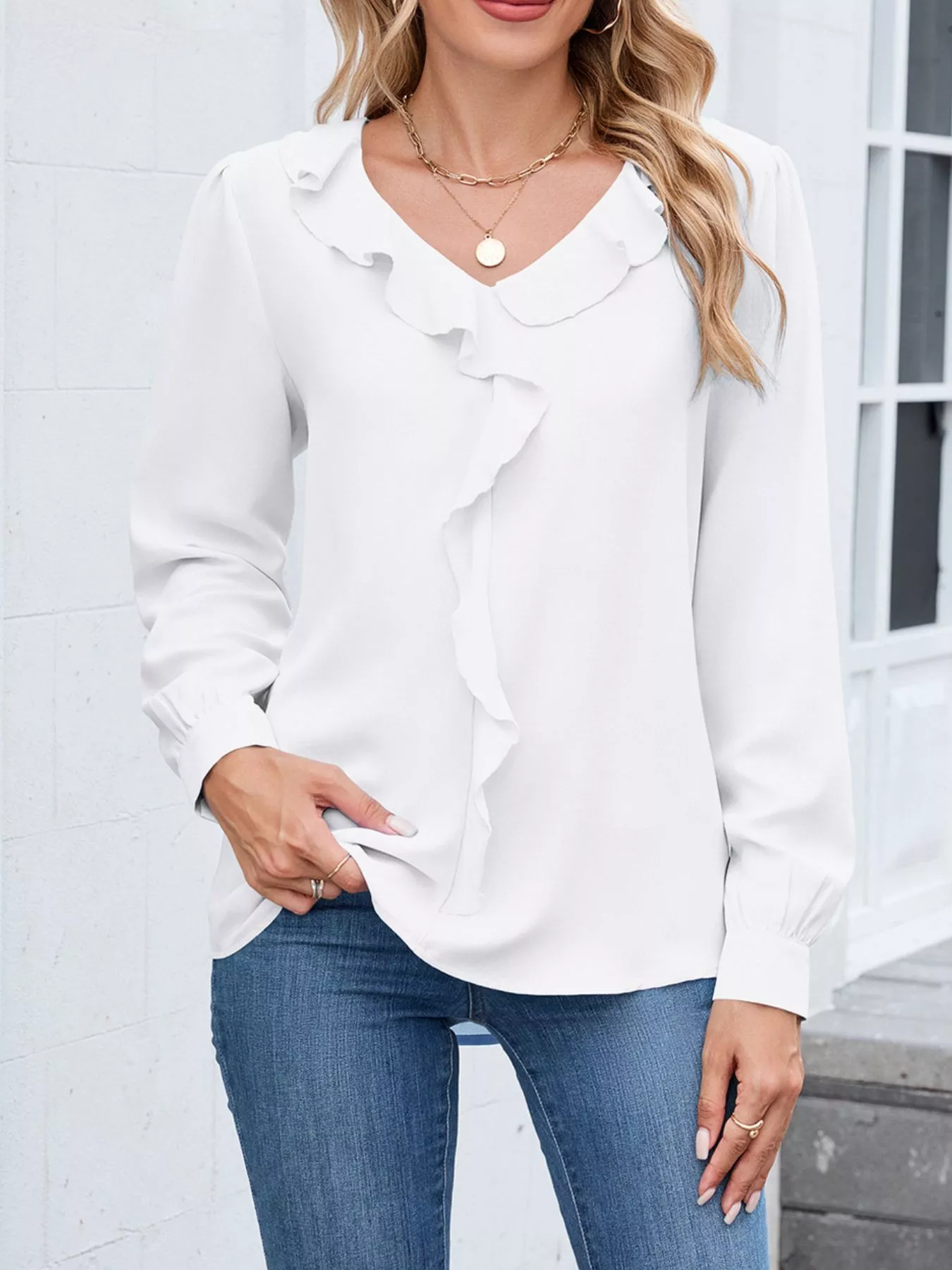 Ruffled V-Neck Long Sleeve Blouse - Image 7