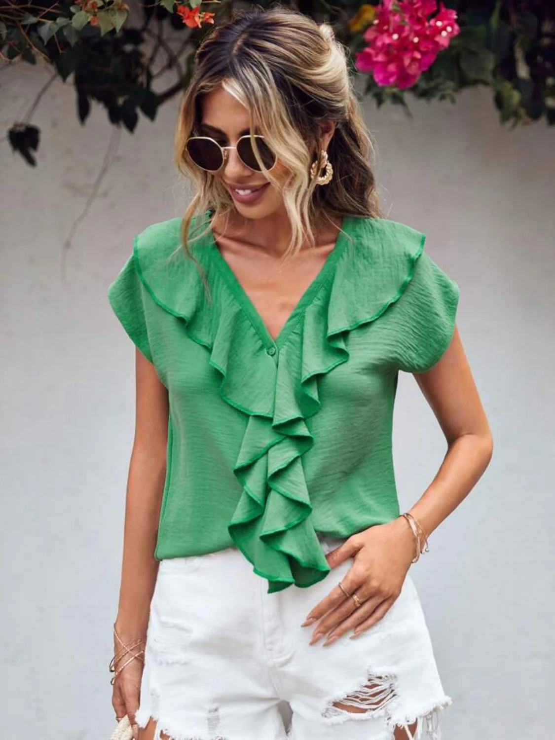 Ruffled V-Neck Short Sleeve Blouse - Image 4