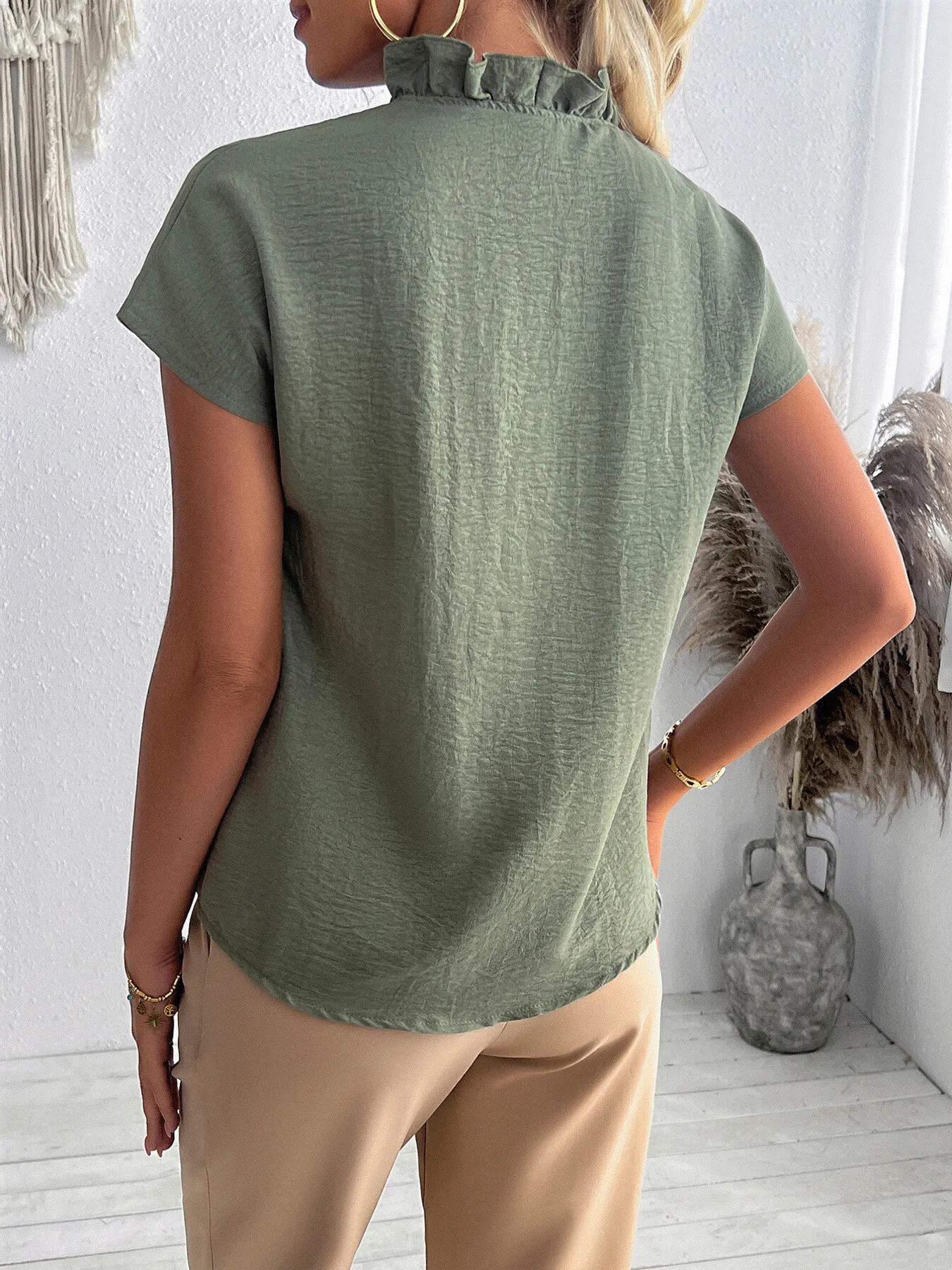 Ruffled V-Neck Short Sleeve Blouse - Image 8