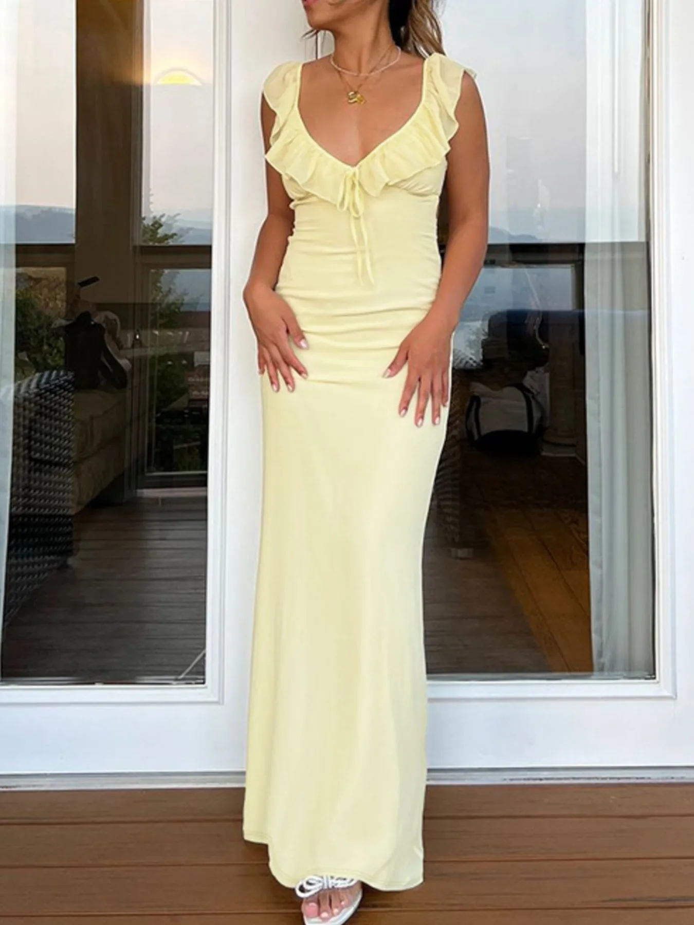 Ruffled V-Neck Sleeveless Maxi Dress - Image 3