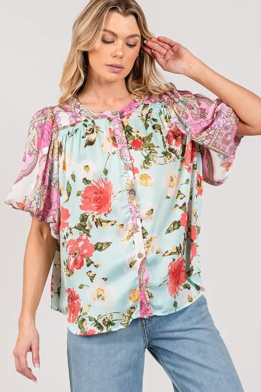 SAGE+FIG Plus Size Floral Mineral Wash French Terry Button Up Shirt - Image 2