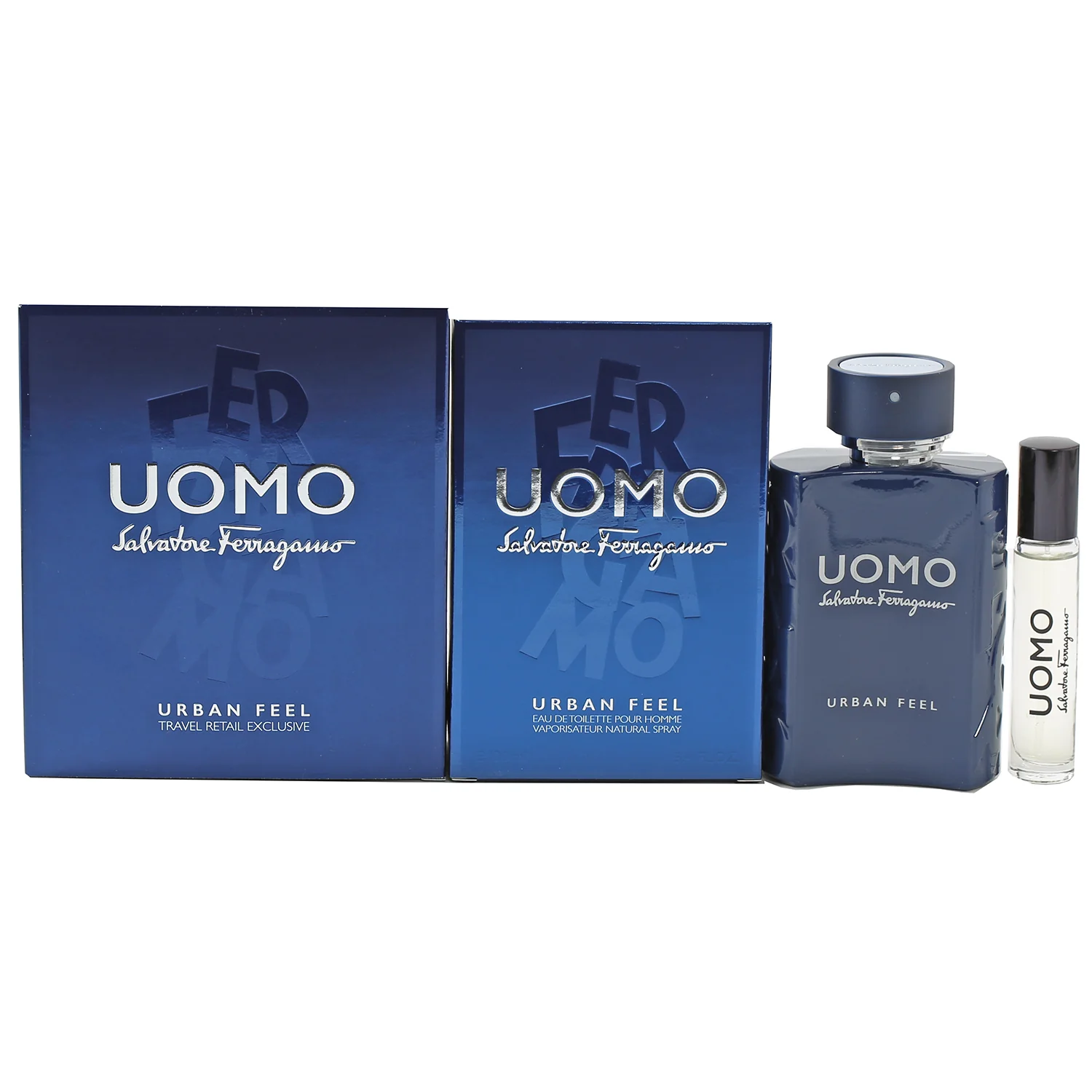 SALVATORE FERRAGAMO UOMO URBAN FEEL MENS SET- 3.4 OZ EDT SPRAY, .34 OZ EDT