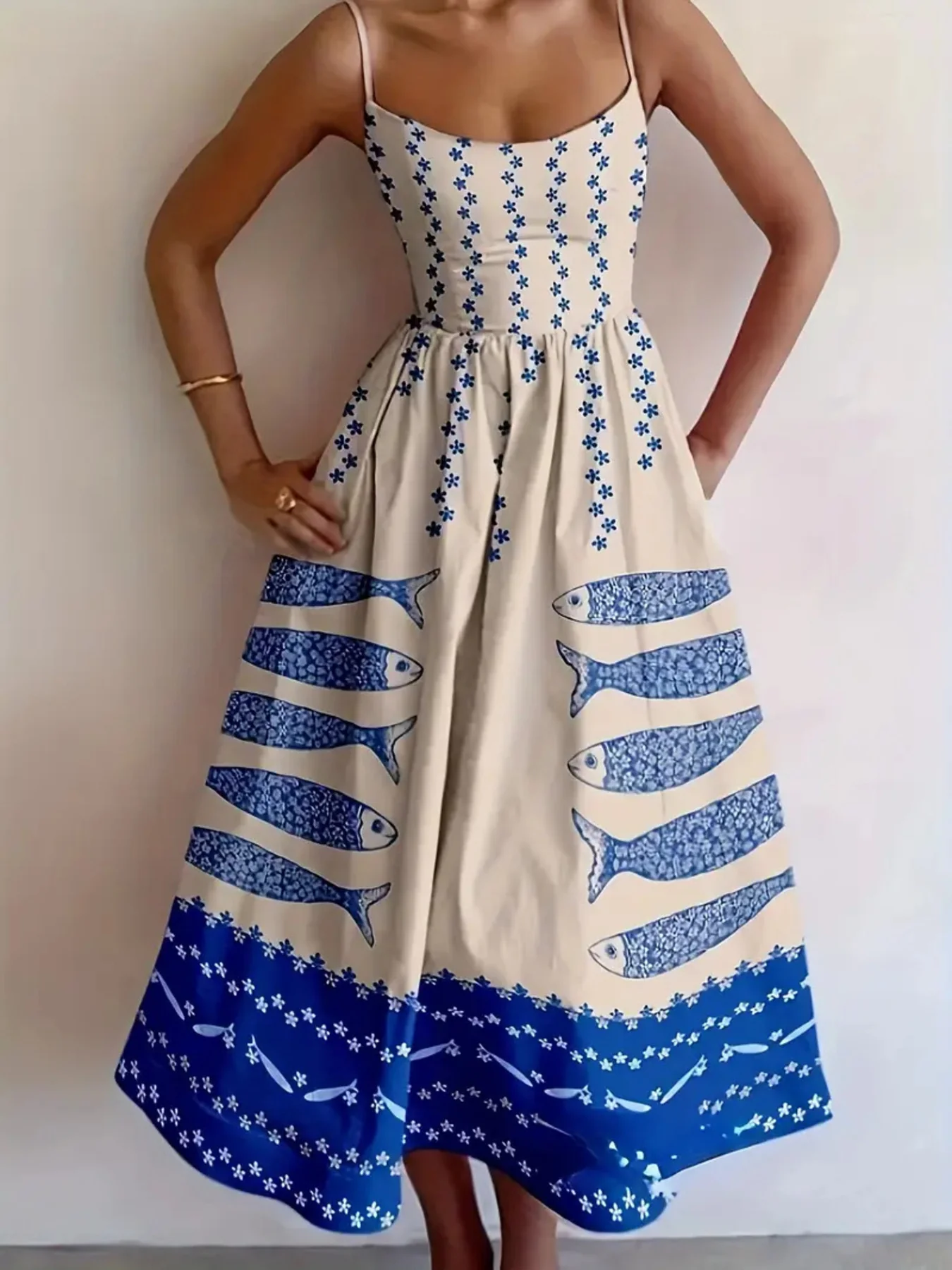 Sardine Print Spaghetti Strap Midi Dress - Image 7