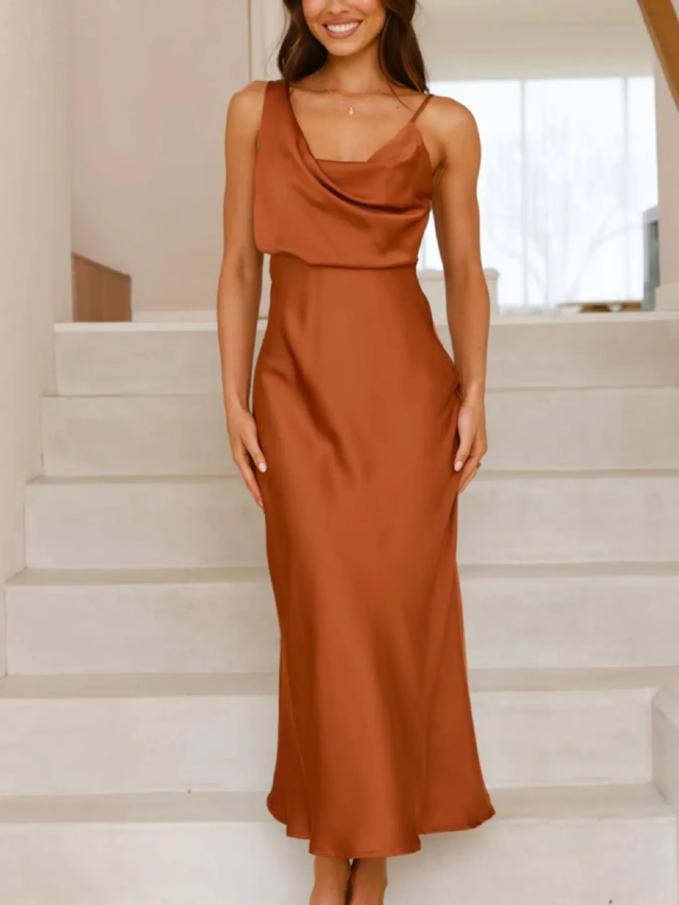 Satin Asymmetrical Midi Dress - Image 27