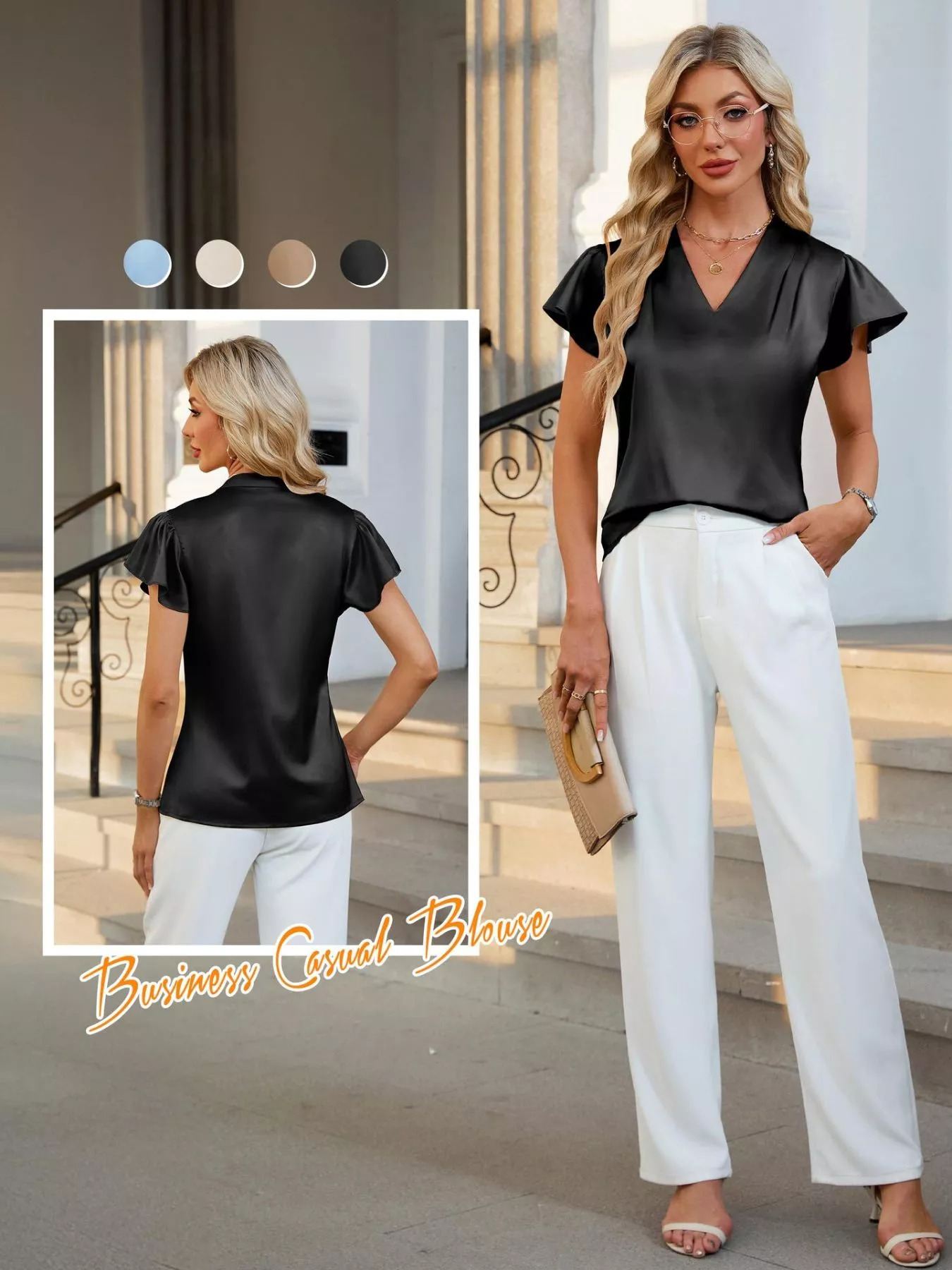 Satin V-Neck Flutter Sleeve Blouse - Image 9