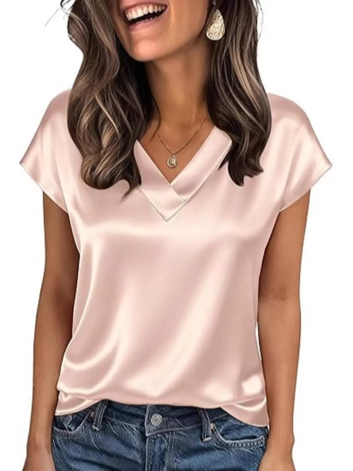 Satin V-Neck Short Sleeve Blouse - Image 14