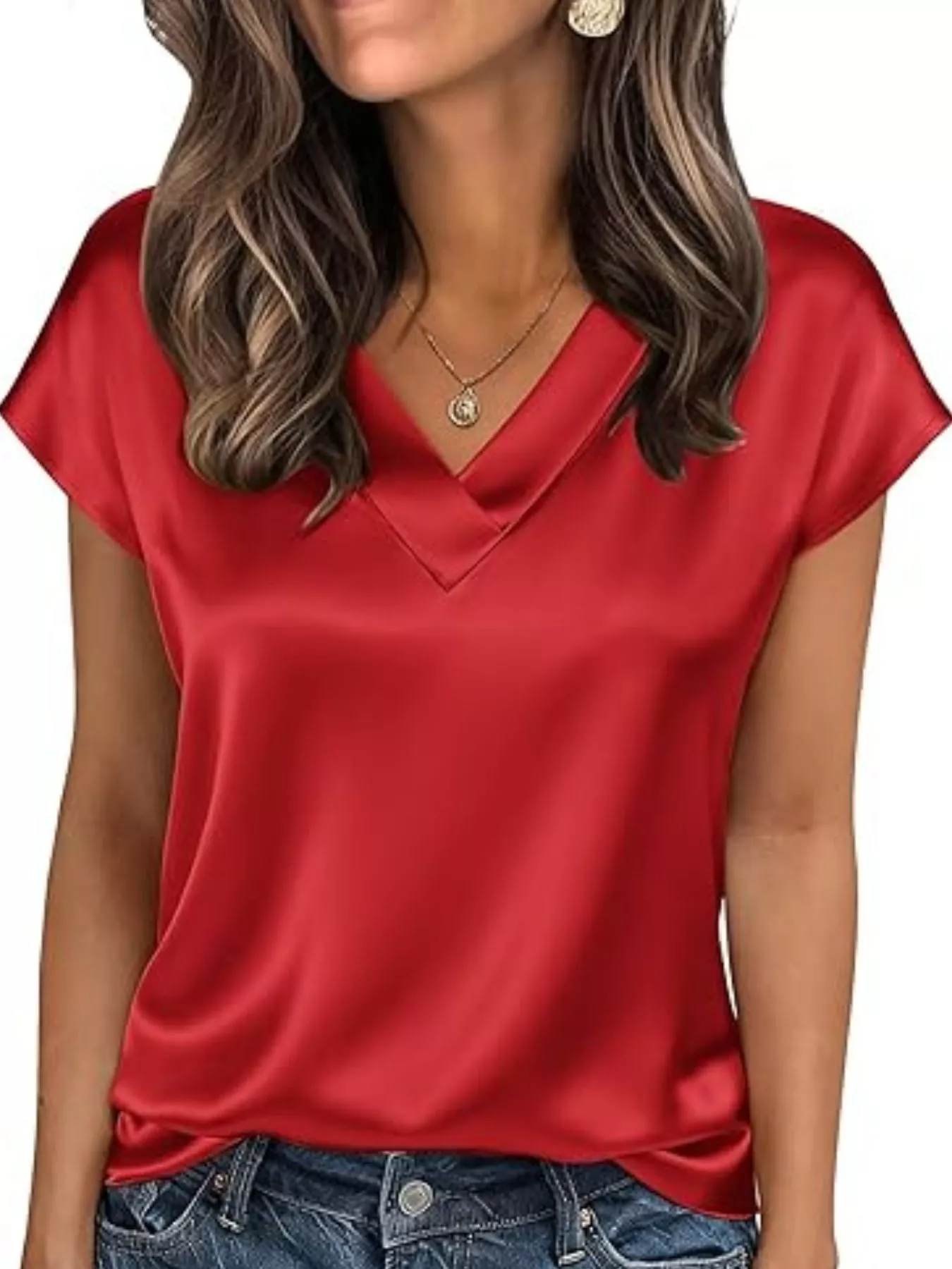 Satin V-Neck Short Sleeve Blouse - Image 23