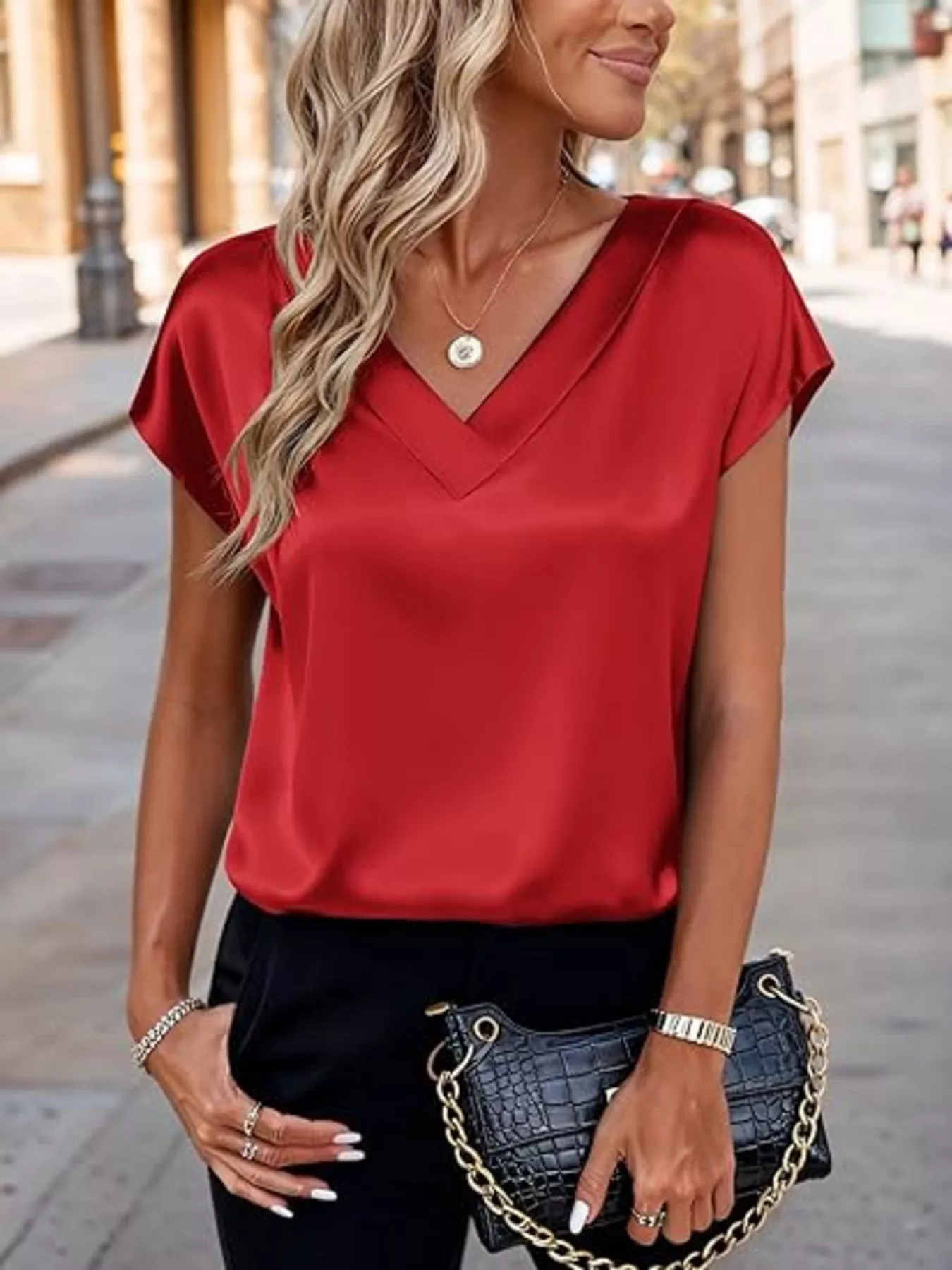 Satin V-Neck Short Sleeve Blouse - Image 24