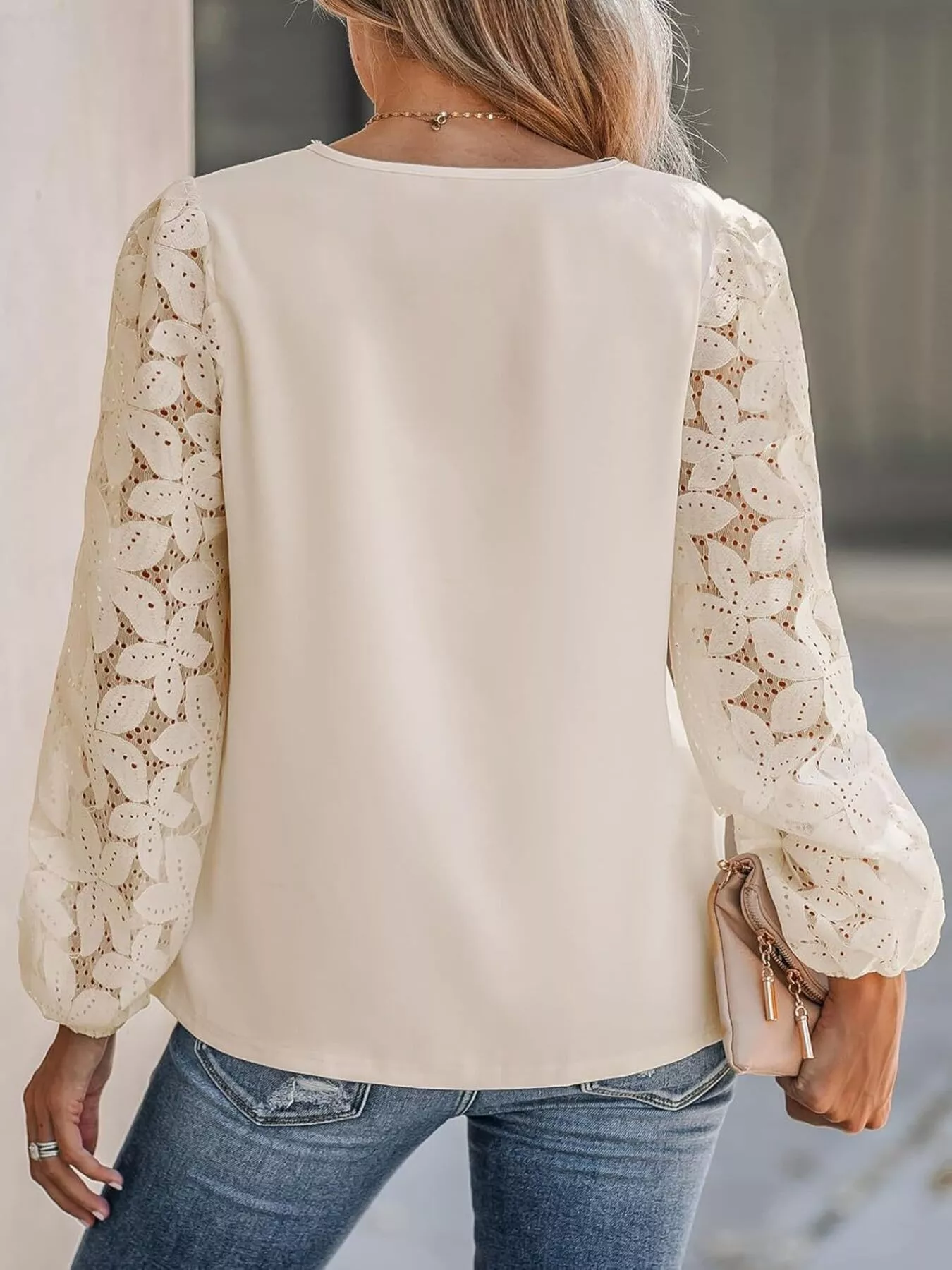 Scalloped Neckline Lace Sleeve Blouse - Image 3