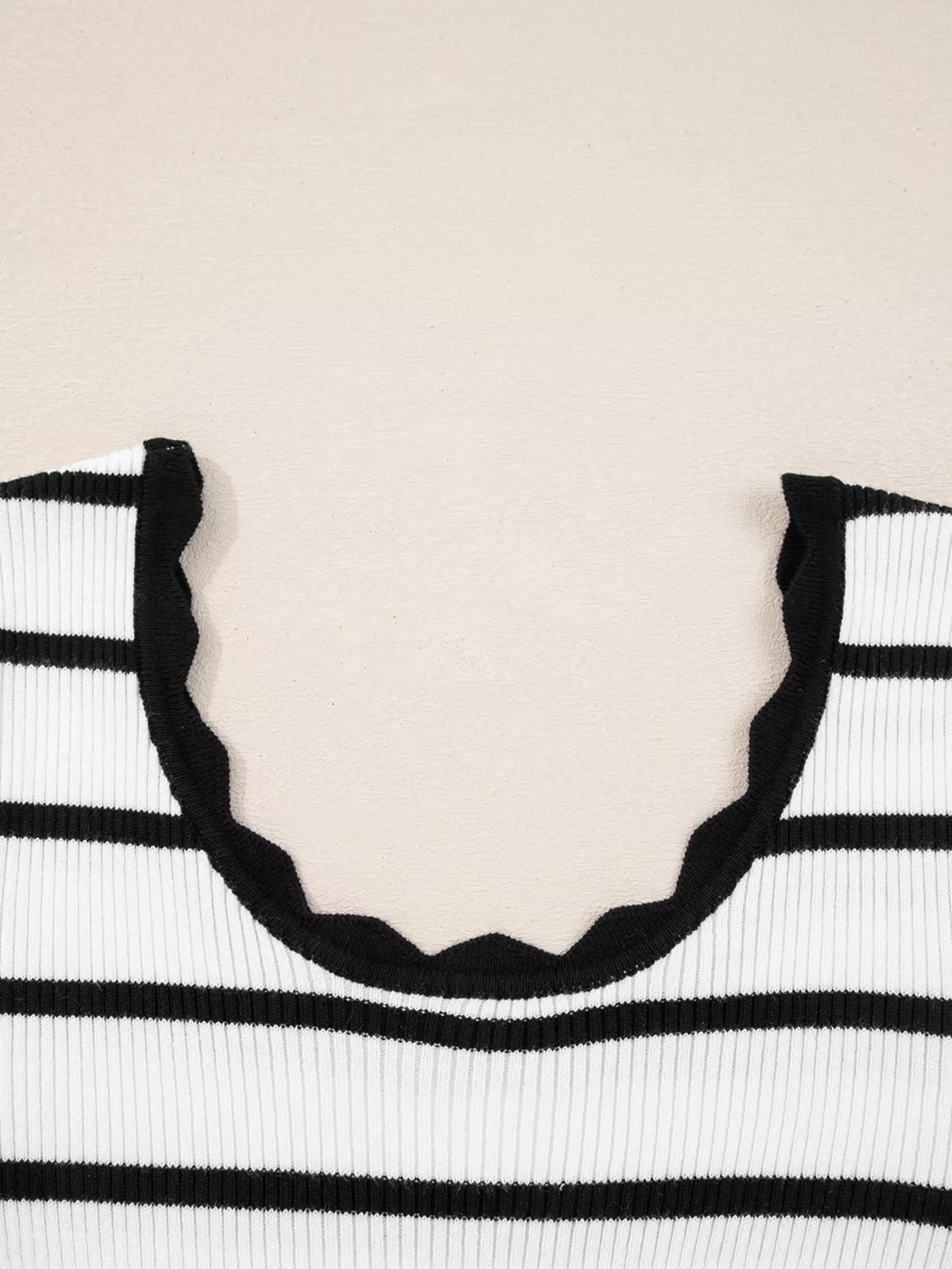 Scalloped Trim U Neck Striped Ribbed Slim Knit Top - Image 5