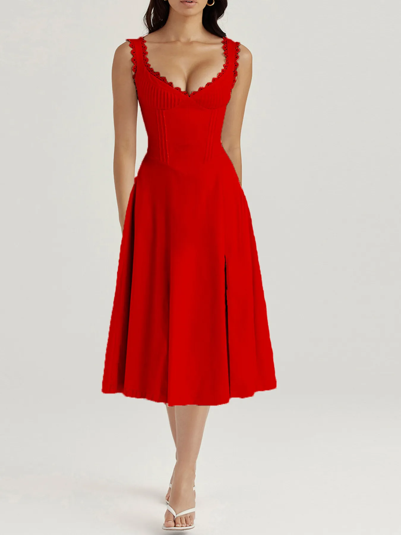 Scalloped V-Neck Midi Dress with Back Lace-Up - Image 4