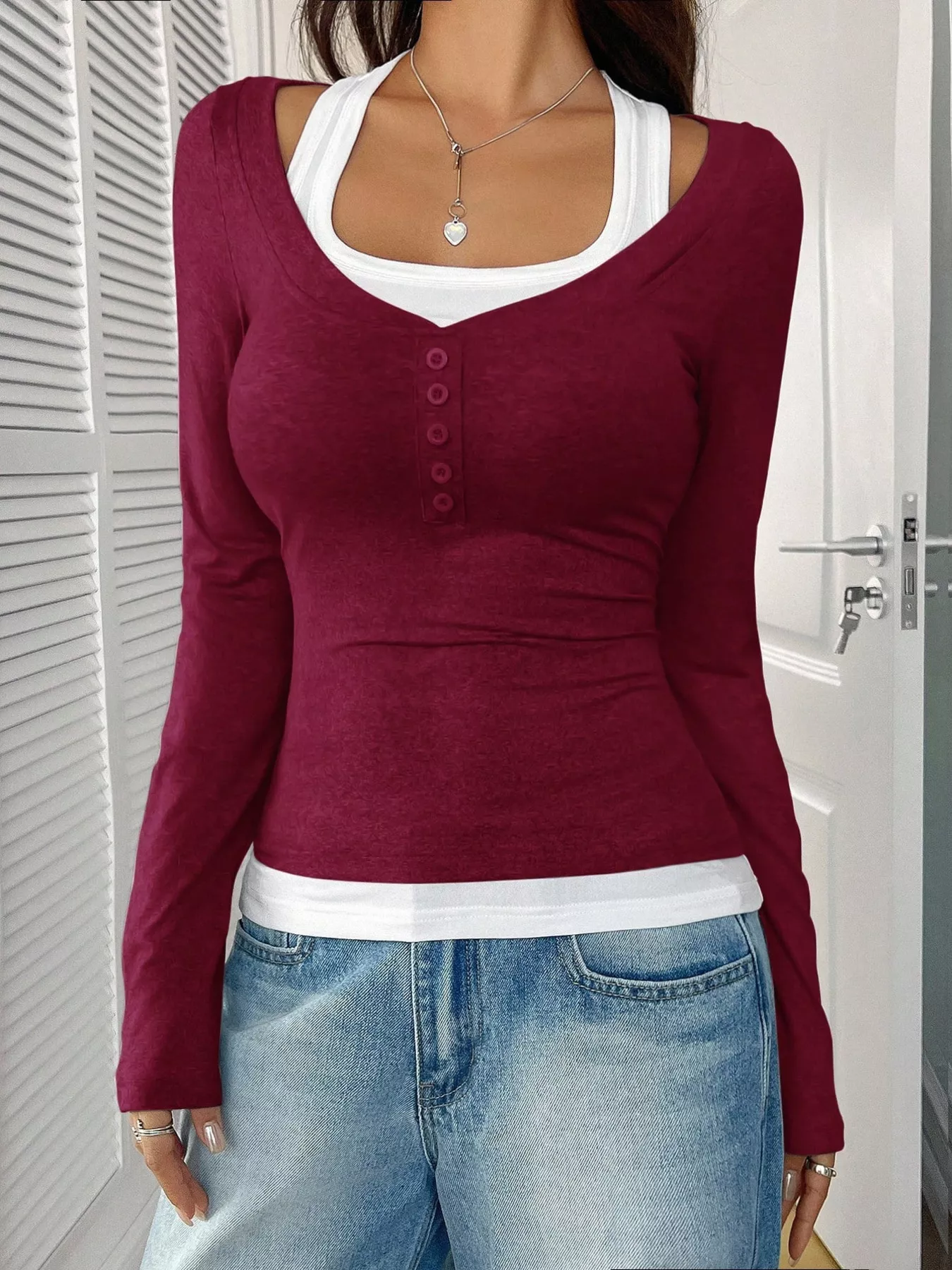 Scoop Neck Long Sleeve T-Shirt - Image 22