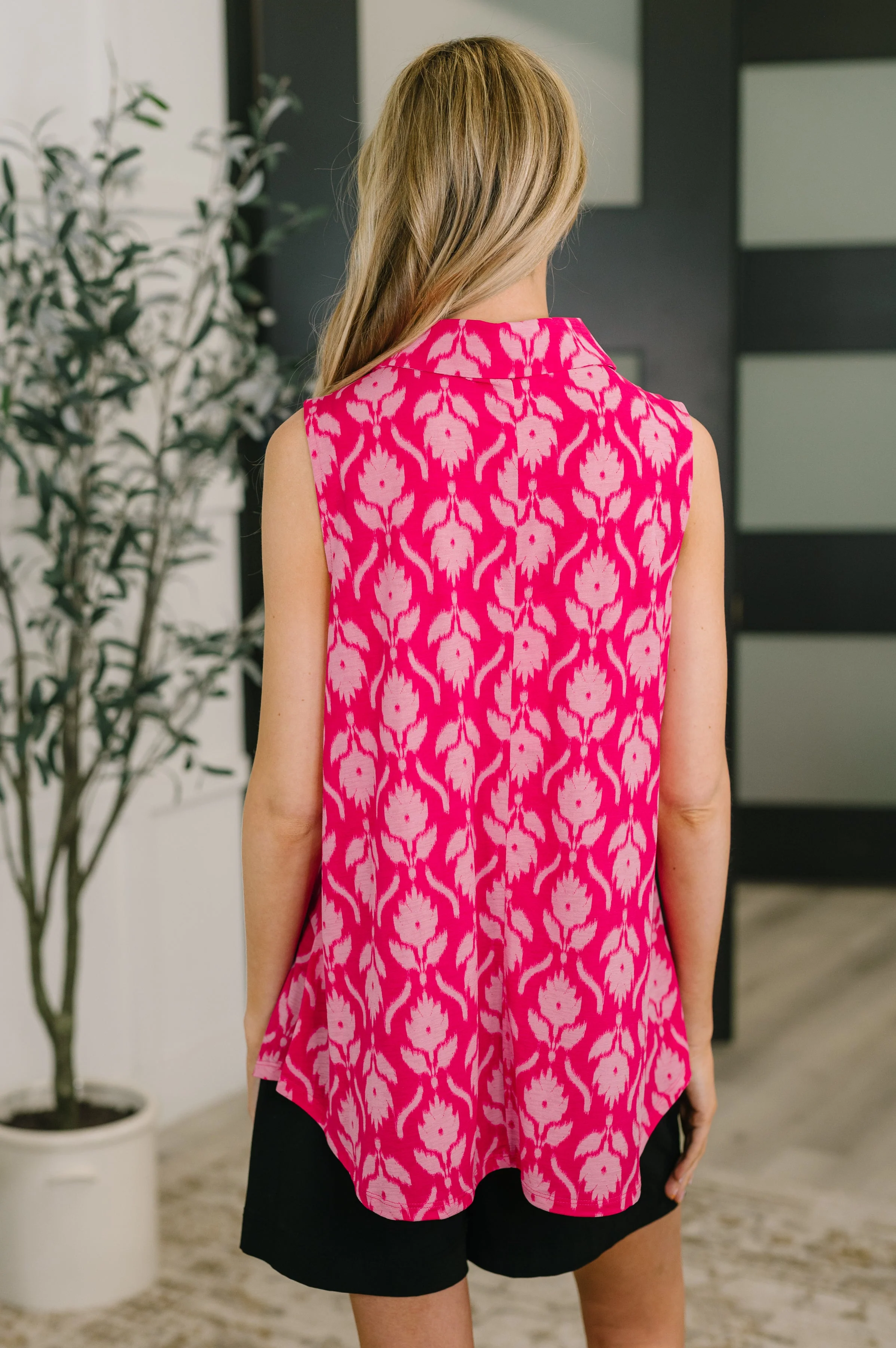 Sea Spray Collared Sleeveless Top in Floral Ikat - Image 5