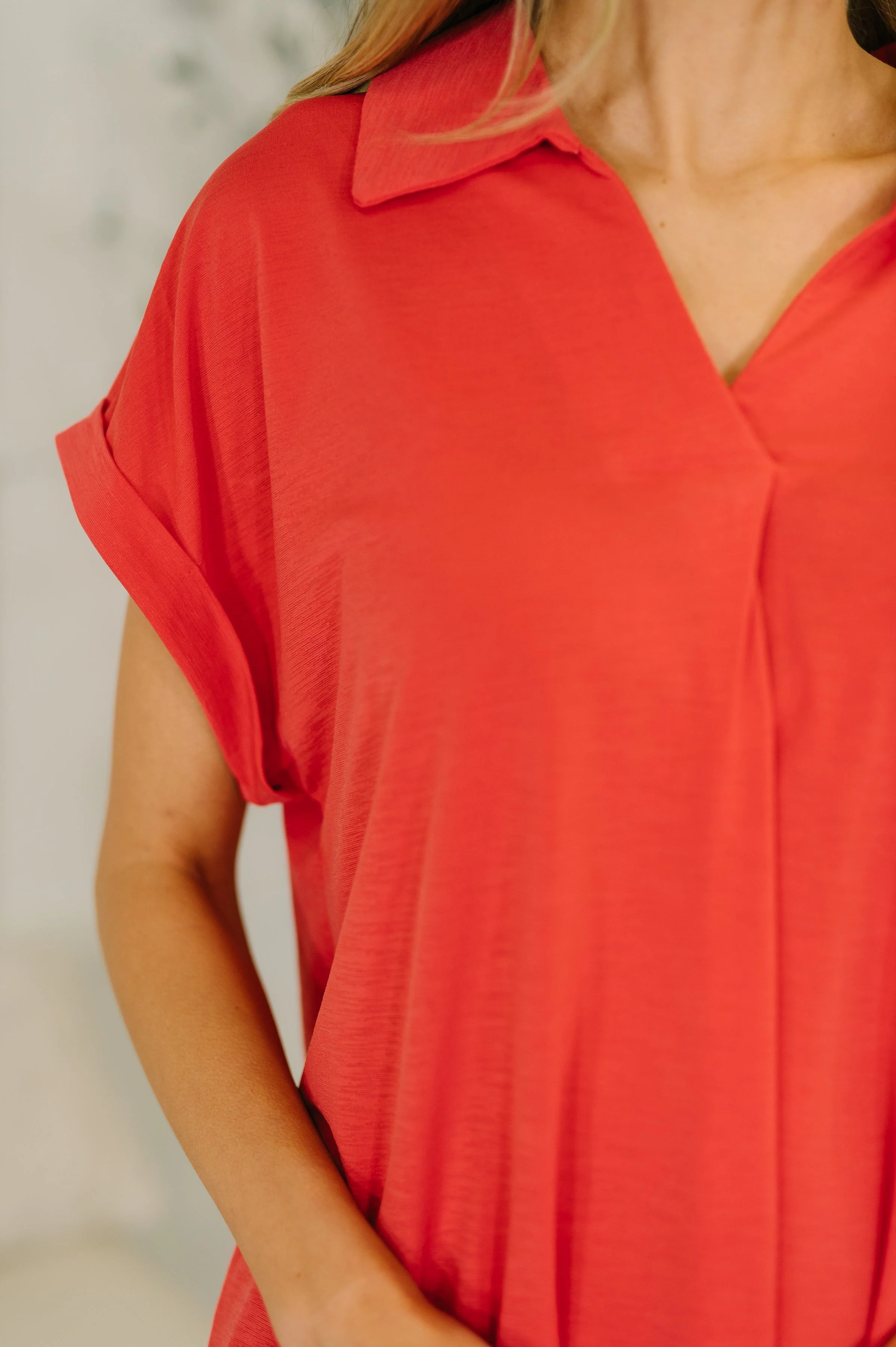 Sea You Soon Collared Top in Hot Coral - Image 2