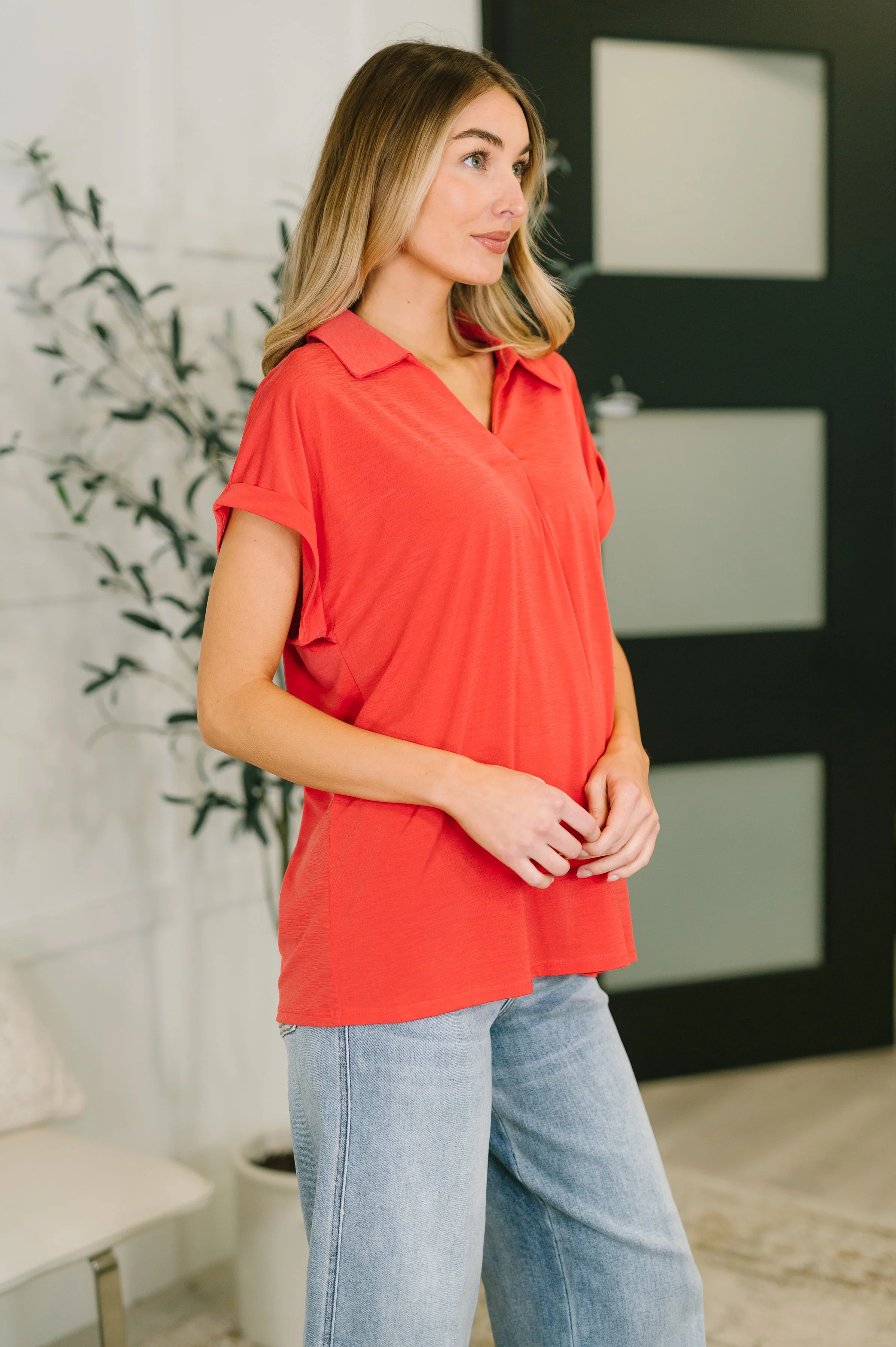 Sea You Soon Collared Top in Hot Coral - Image 4