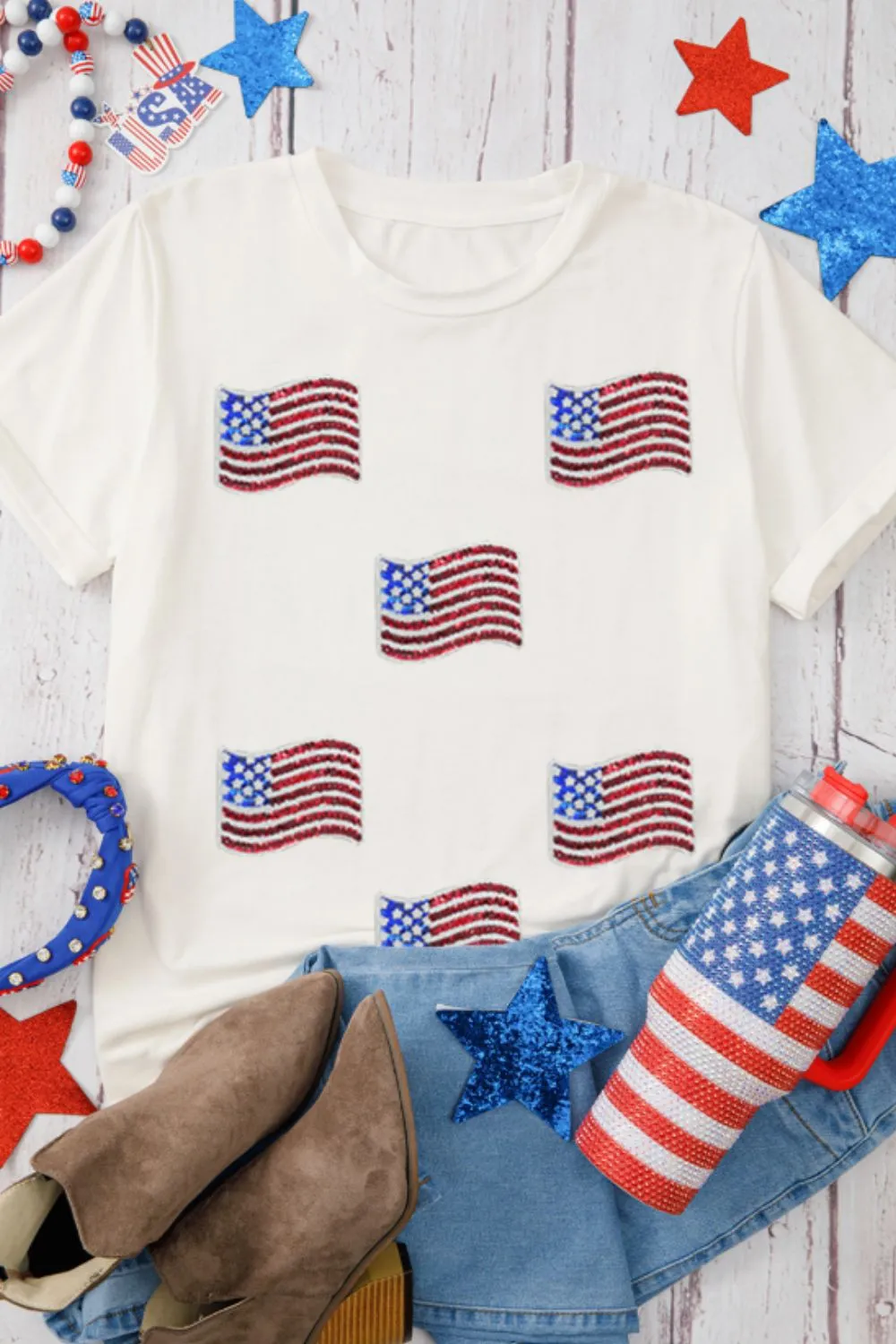Sequin American Flag Patched Casual T Shirt - Image 5
