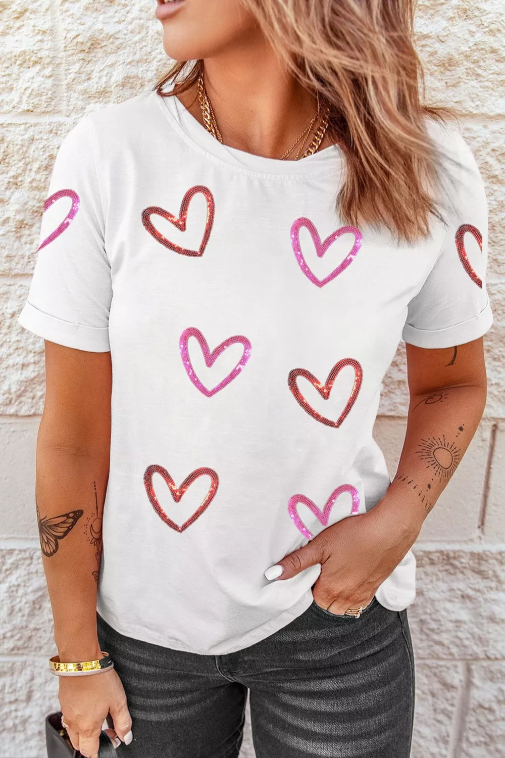 Sequin Heart Short Sleeve Casual Tee - Image 2