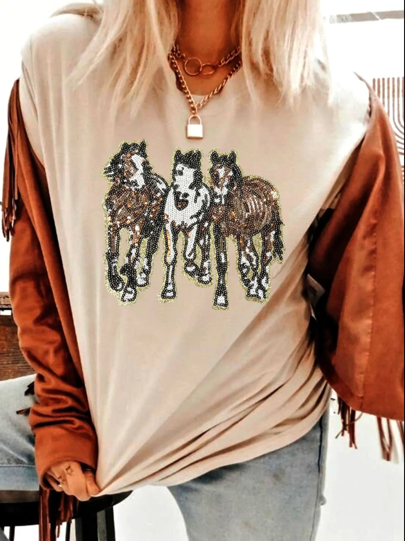 Sequin Horses Patched Casual Crewneck T Shirt - Image 2