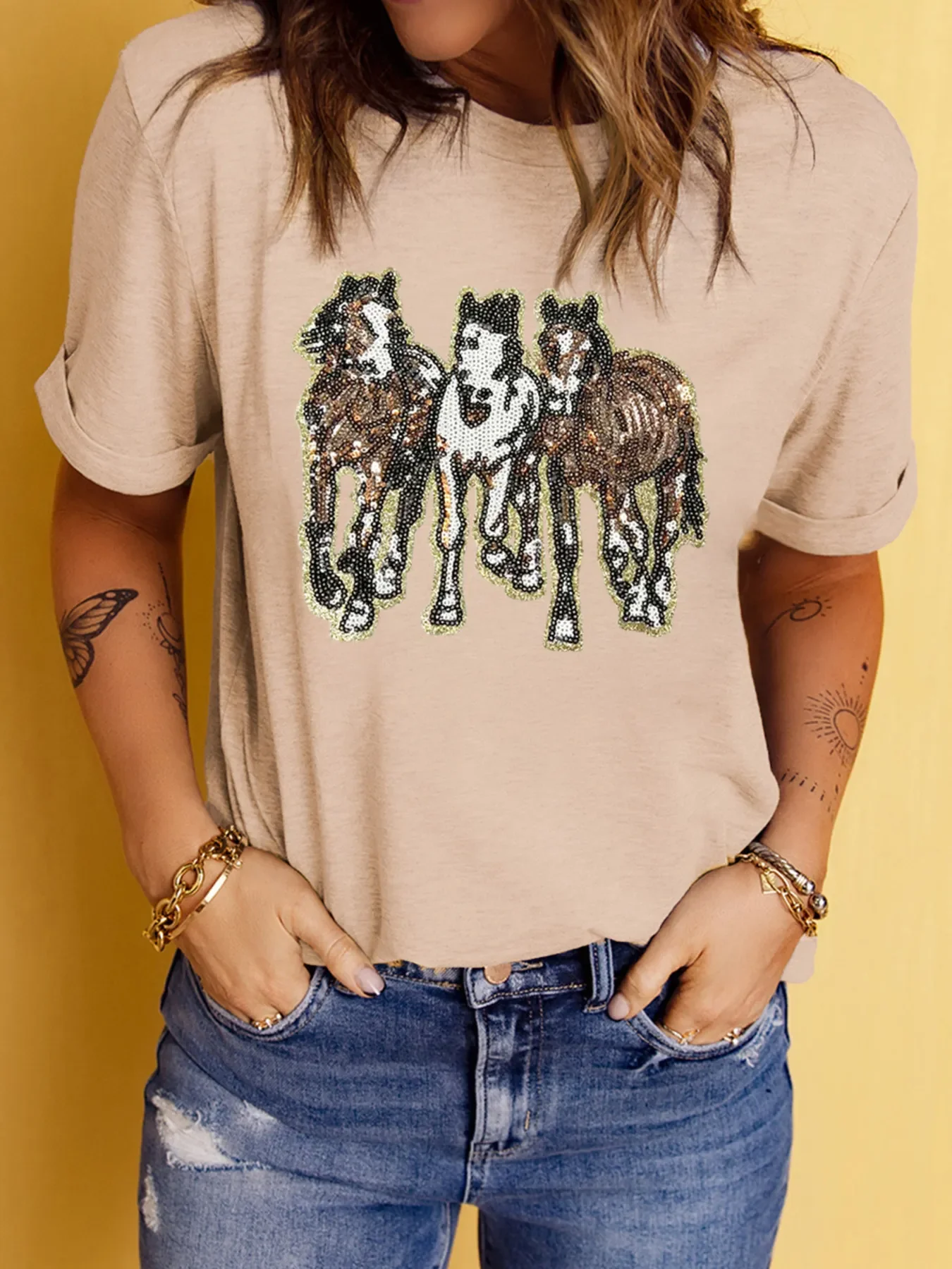 Sequin Horses Patched Casual Crewneck T Shirt - Image 4