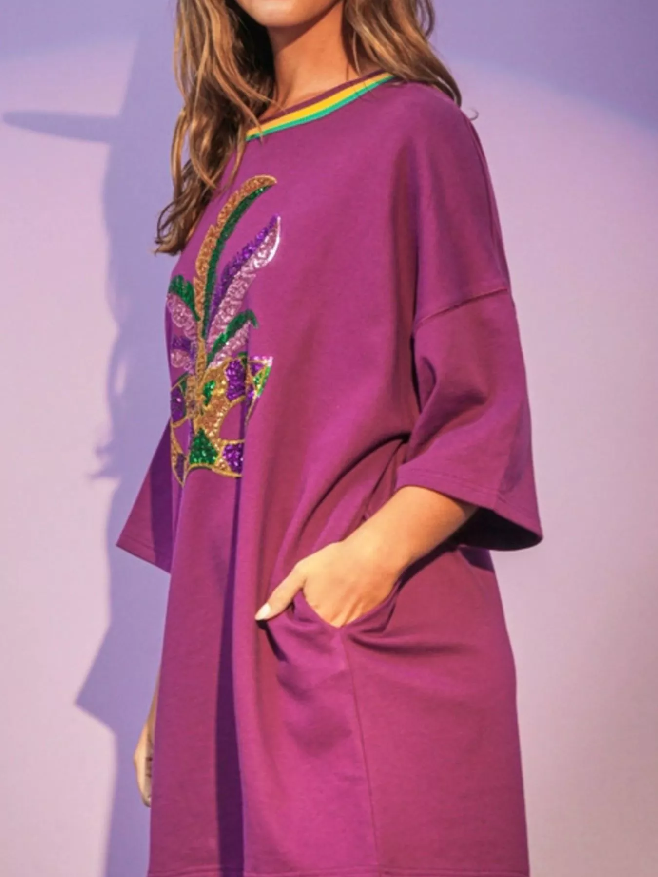 Sequin Round Neck 3/4 Sleeve Dress - Image 2