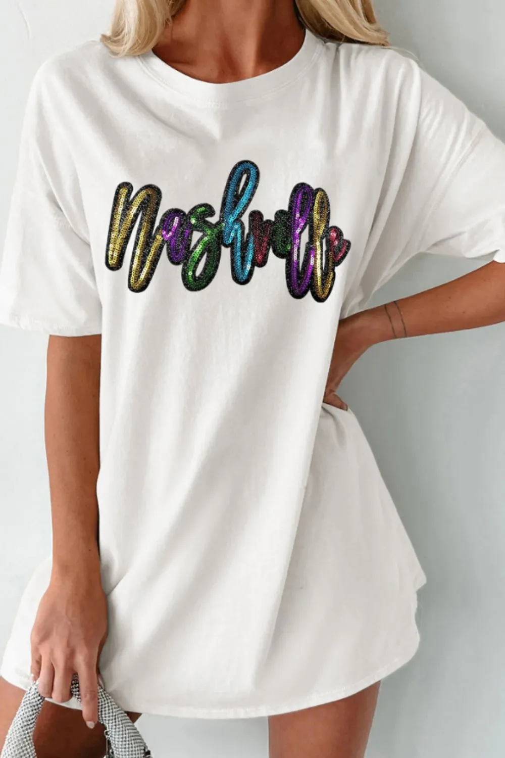 Sequin Round Neck Short Sleeve Oversized T-Shirt - Image 3