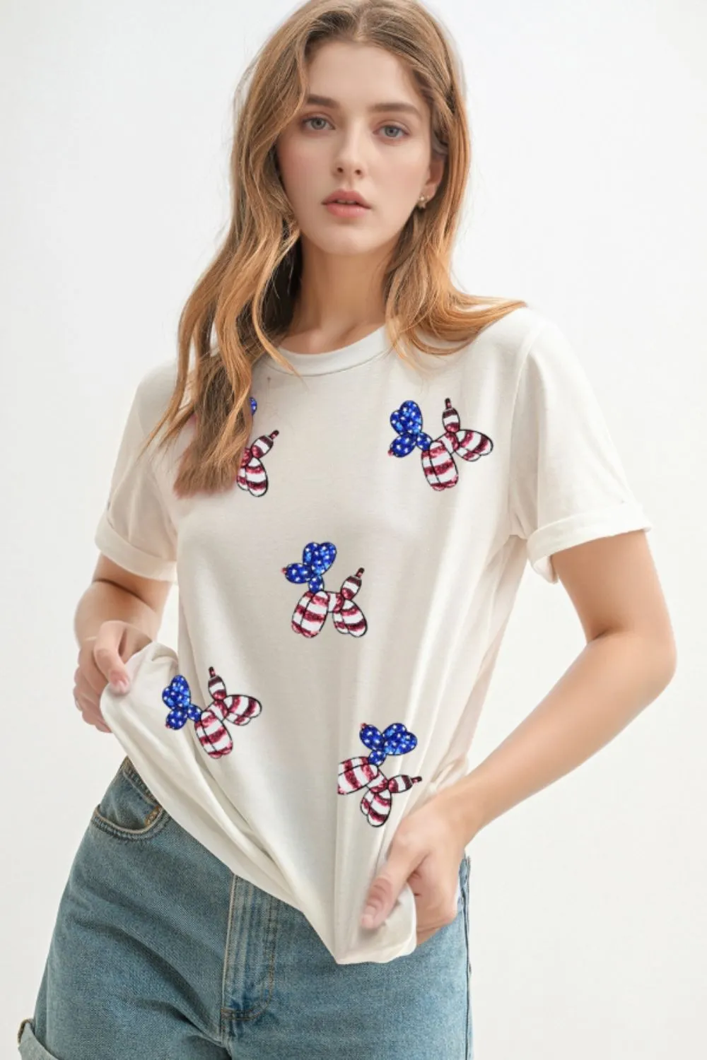 Sequin Stars and Stripes Balloon Puppy Graphic Crewneck Tee - Image 6