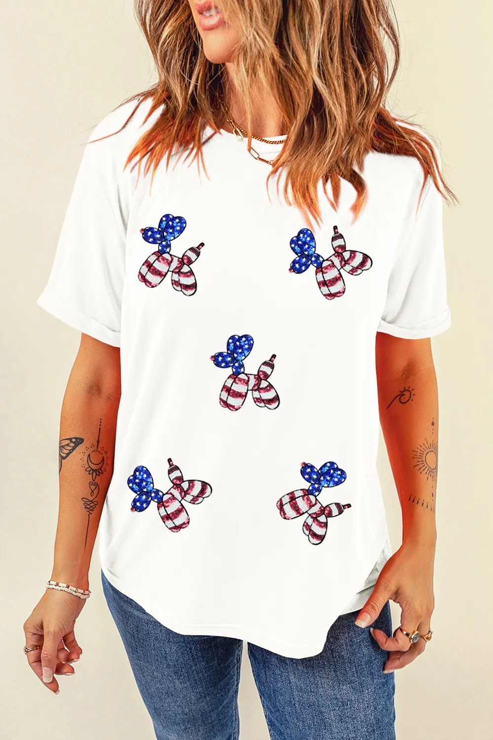 Sequin Stars and Stripes Balloon Puppy Graphic Crewneck Tee - Image 8