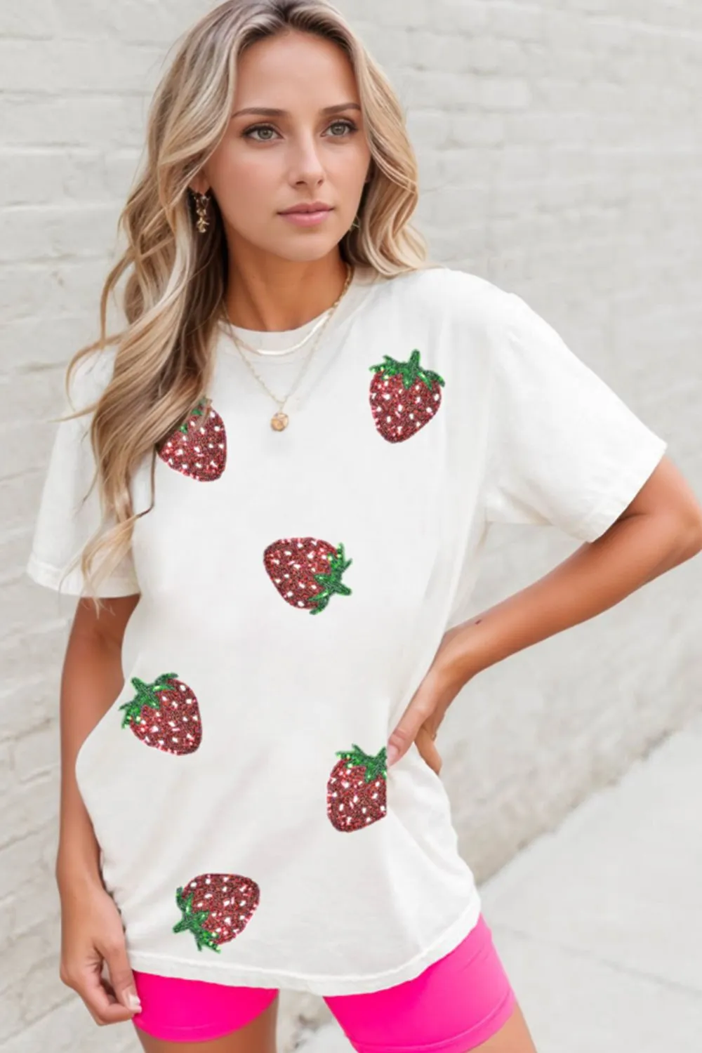 Sequin Strawberry Crew Neck Short Sleeve T Shirt - Image 2
