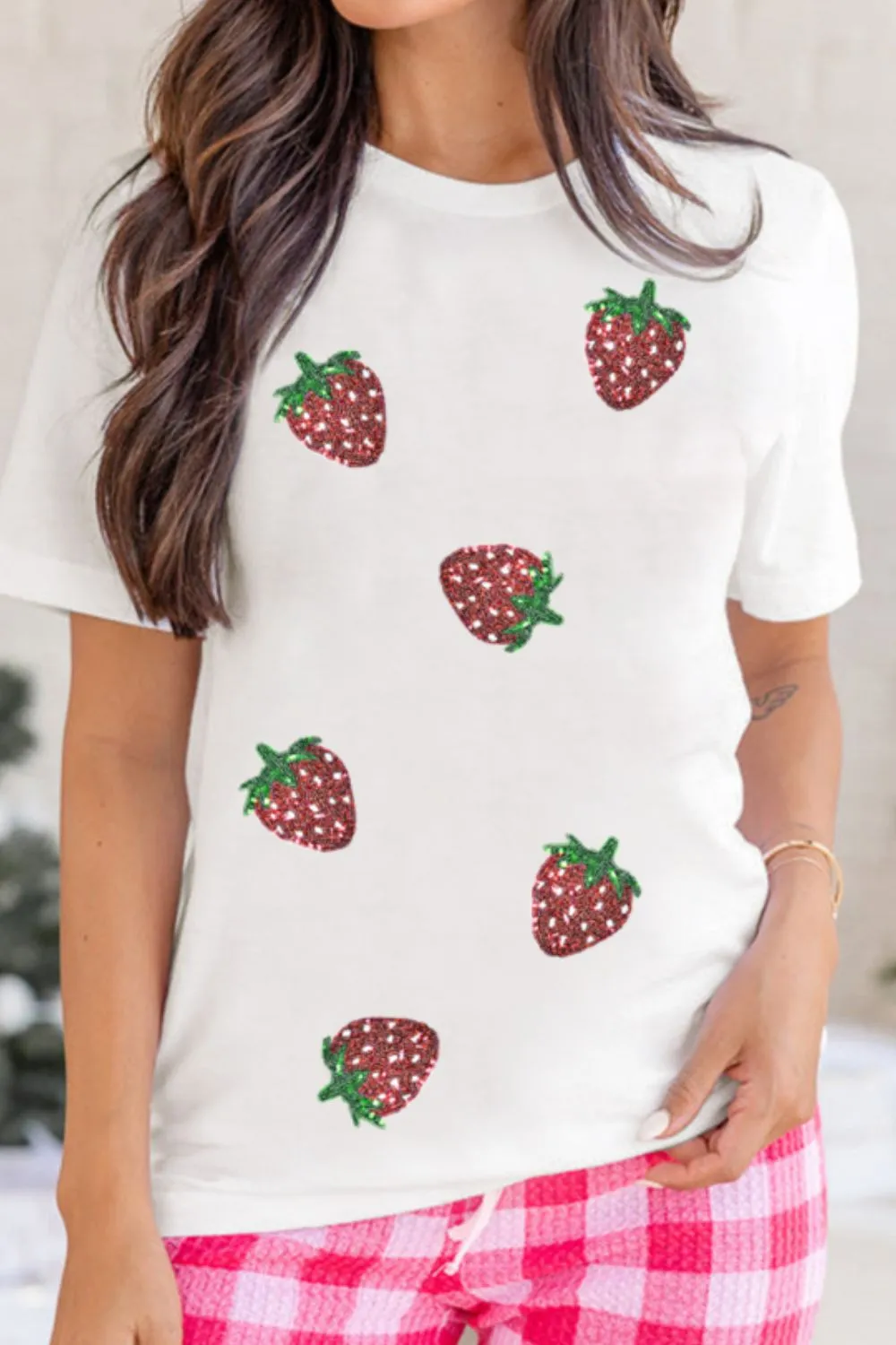 Sequin Strawberry Crew Neck Short Sleeve T Shirt - Image 3
