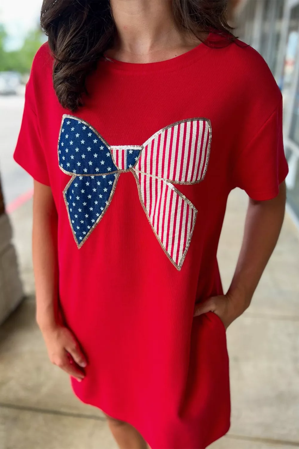 Sequin Trim Stars and Stripes Bow Patched T Shirt Mini Dress - Image 3